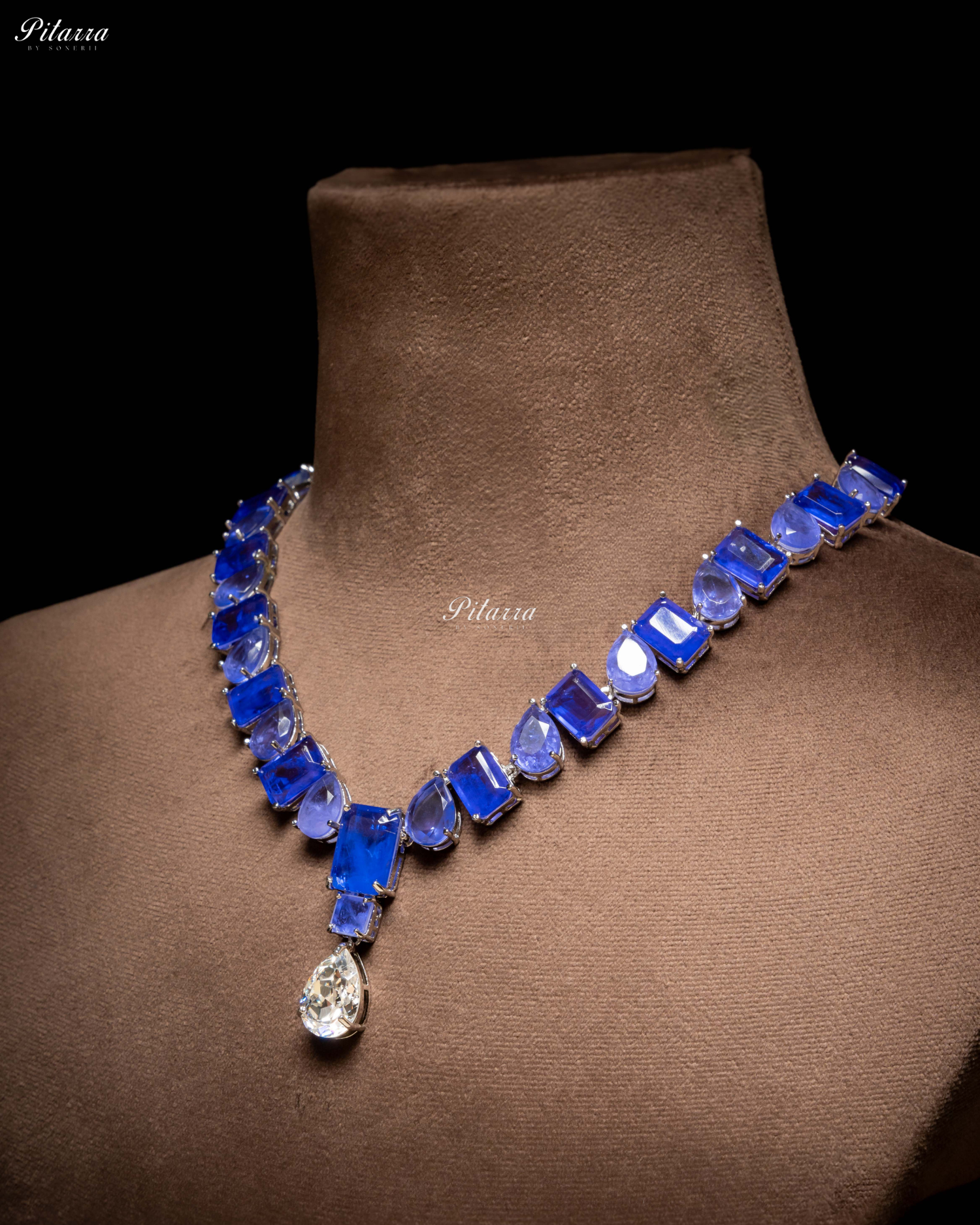 Blue Square and Drop Crystal Necklace Set