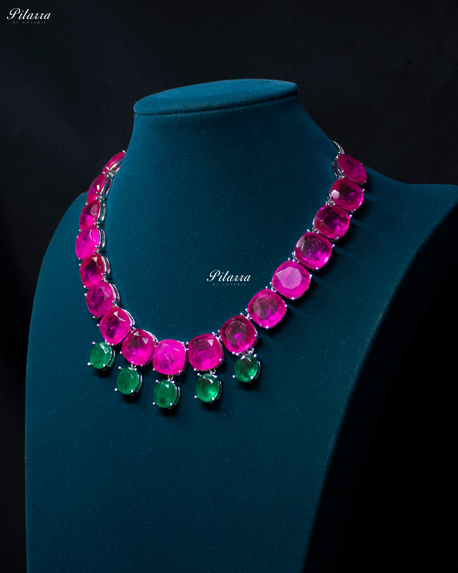 Pink Square Stone Premium Crystal Necklace Set