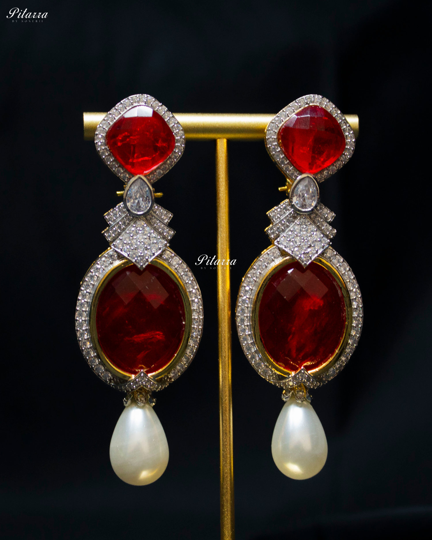 Red Pearl Stone Silver CZ Dangler Earrings