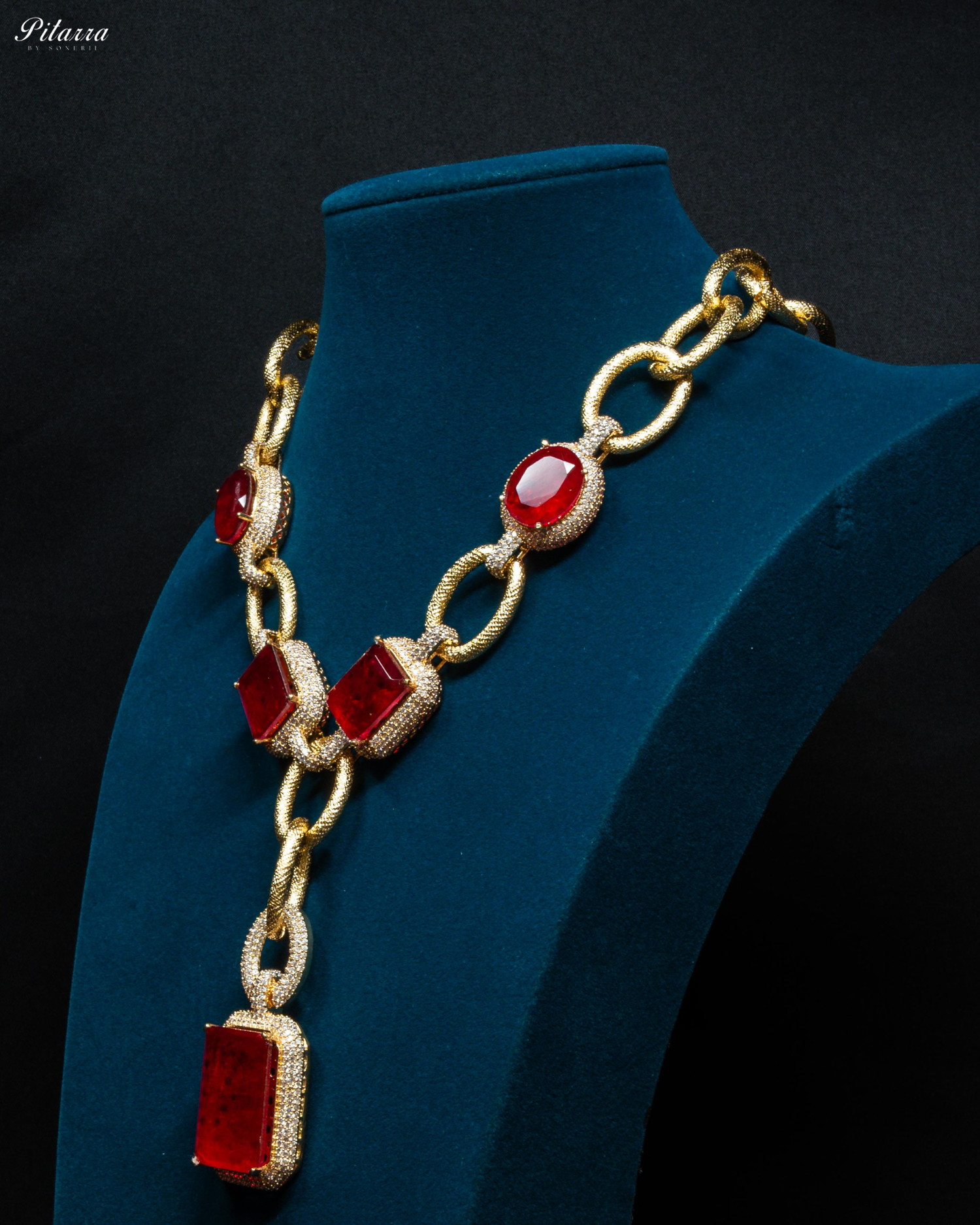 Gold Finish Red Stone Zircon Long Necklace Set