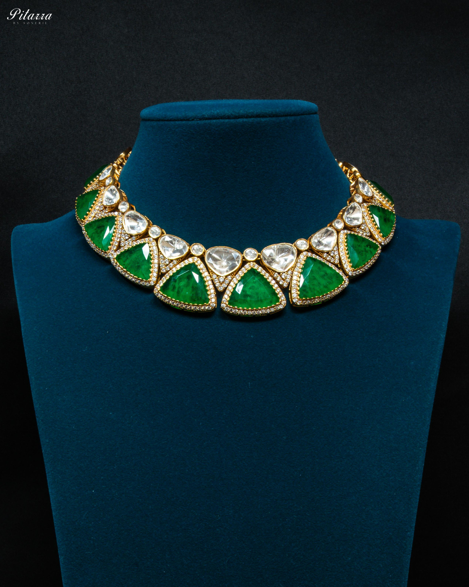Emerald Stone Golden Traditional Kundan Necklace Set