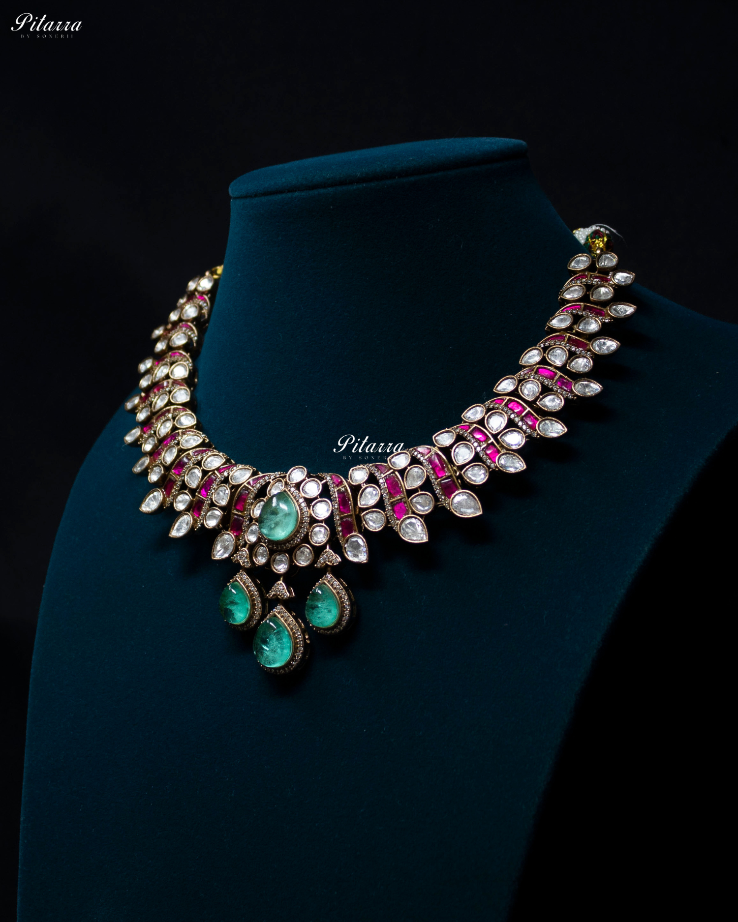 Green Drop Pink Line Victorian Polki Kundan Necklace Set
