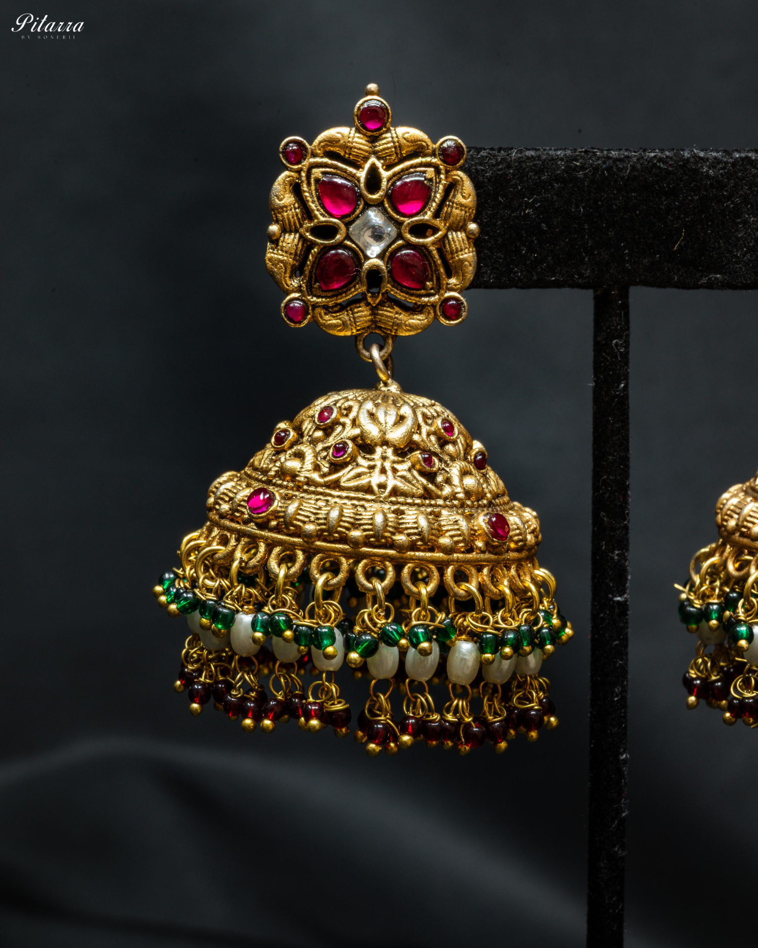 Gold Plated Antique Emerald Pearl Jhumka Earrings