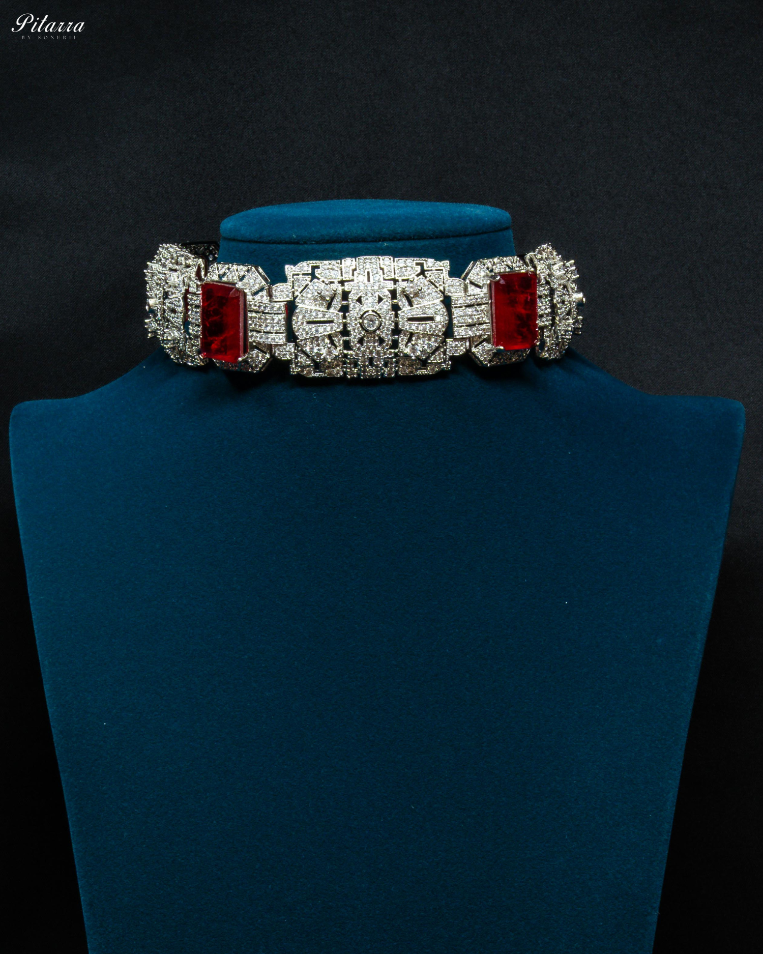 Cushion Cut Red Silver Crystal Choker Necklace