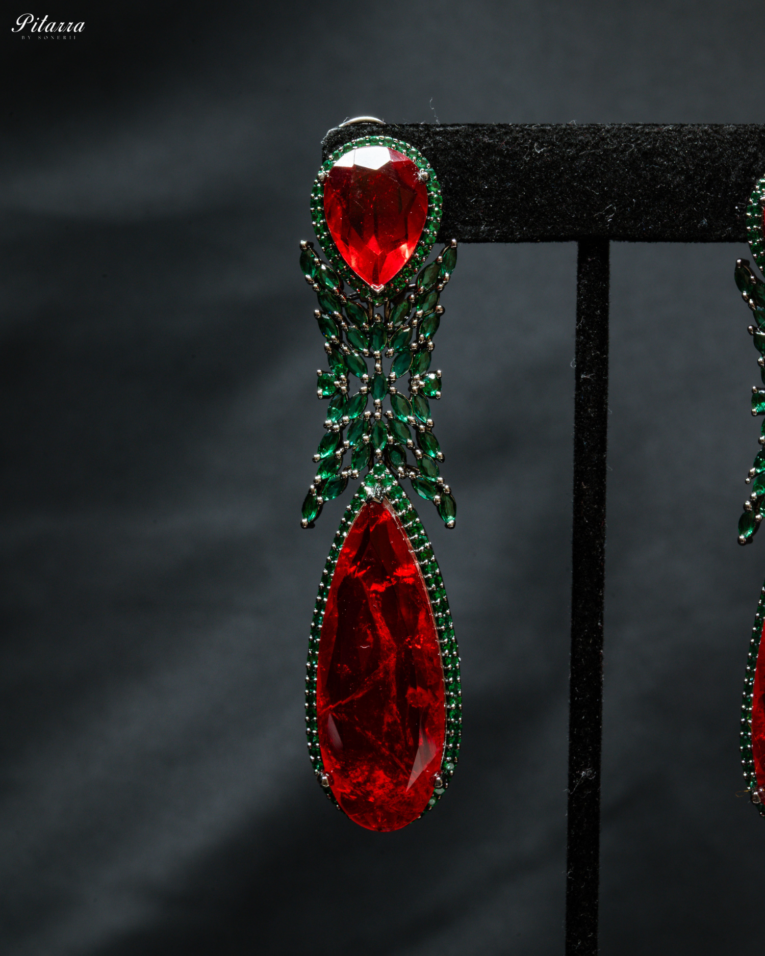 Red Stone Green Finish Contemporary Drop Earrings