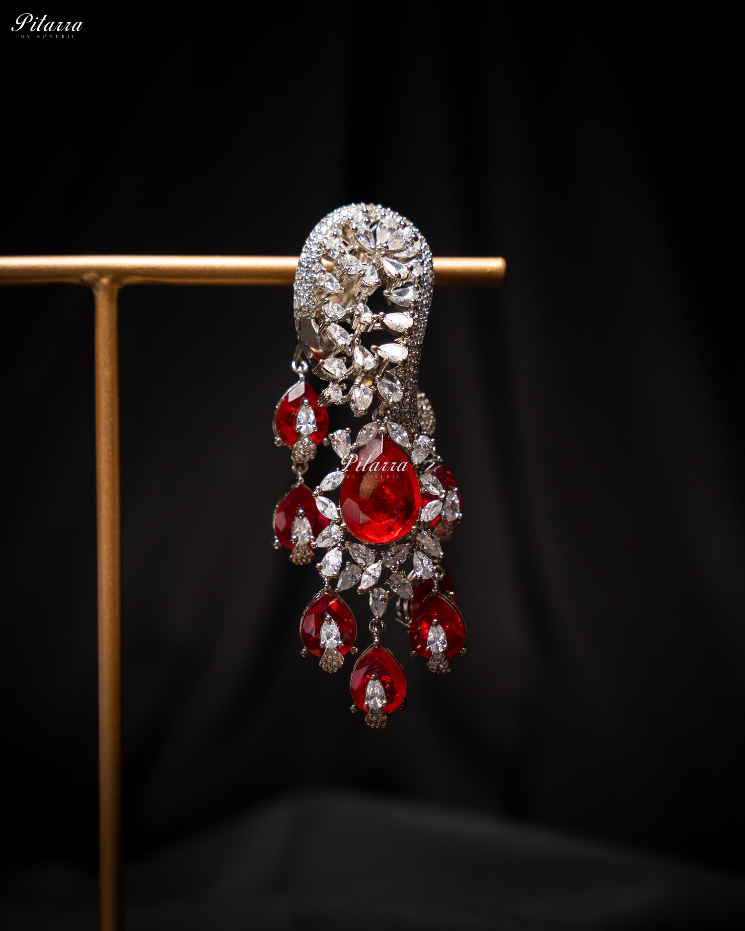 Red Silver Polish CZ Crystal Dangler Earrings