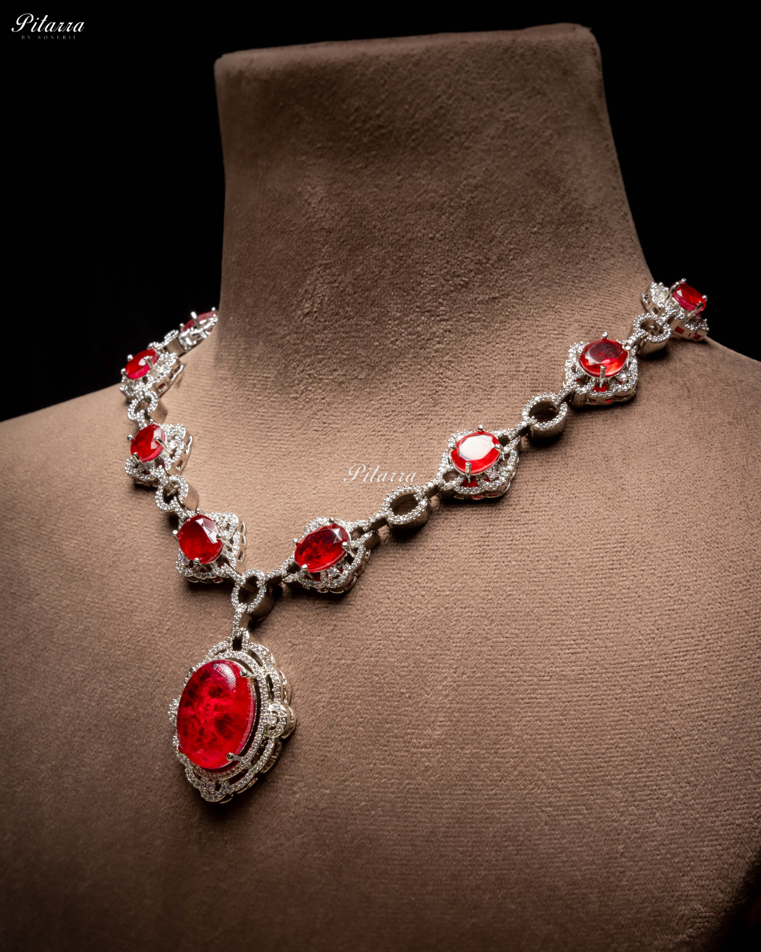 Red Stone Silver Finish Tone Crystal Necklace Set