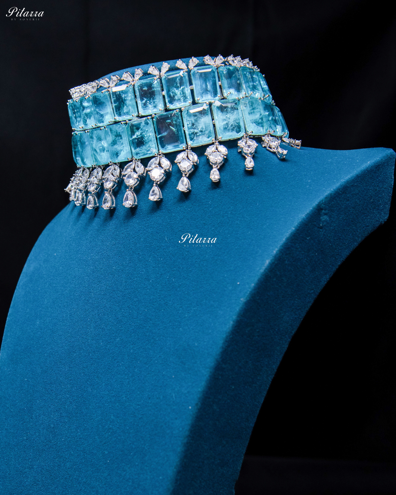 Square Aqua Blue Doublet Statement Choker Necklace Set