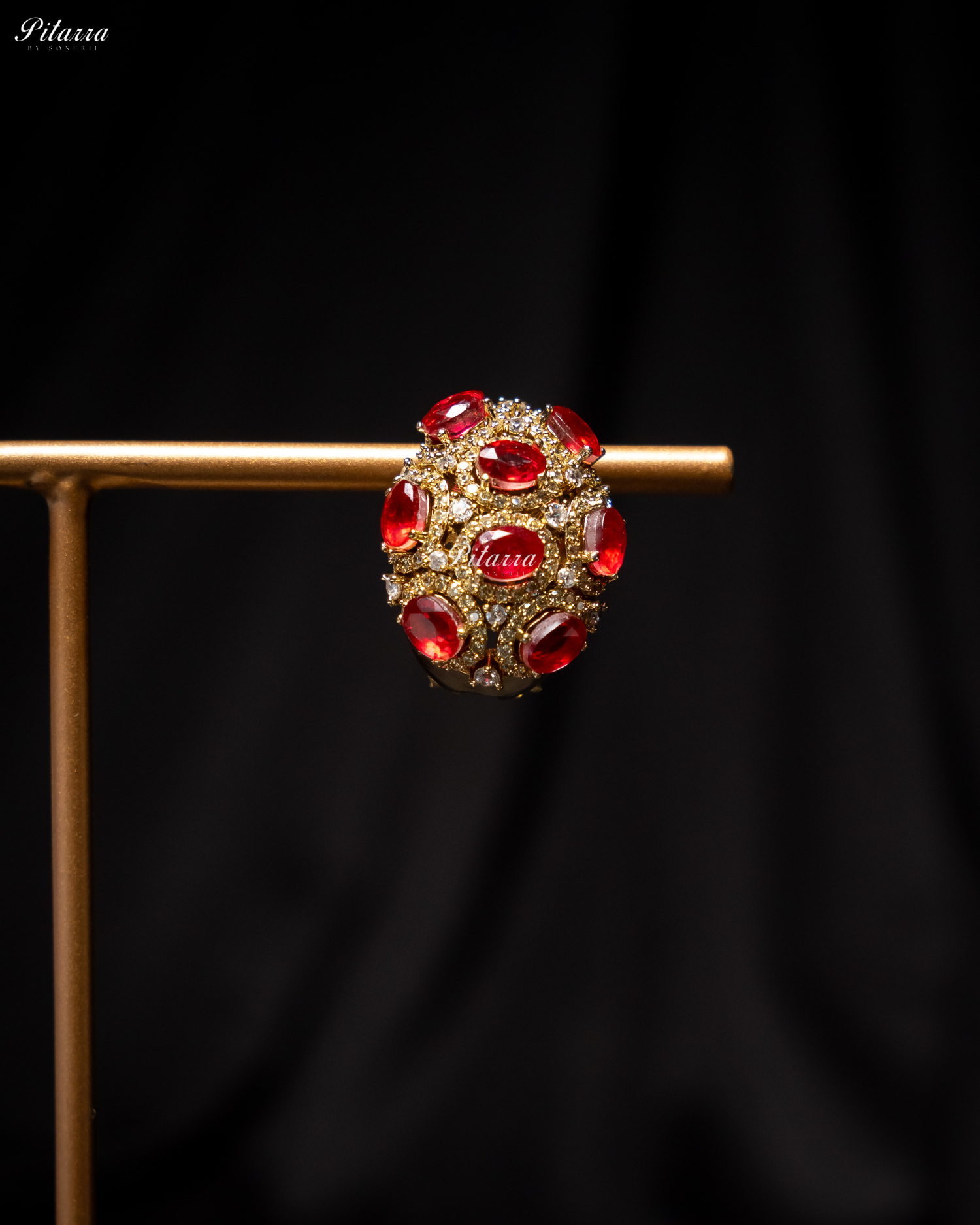 Red Stone Golden Crystal Stud Earrings