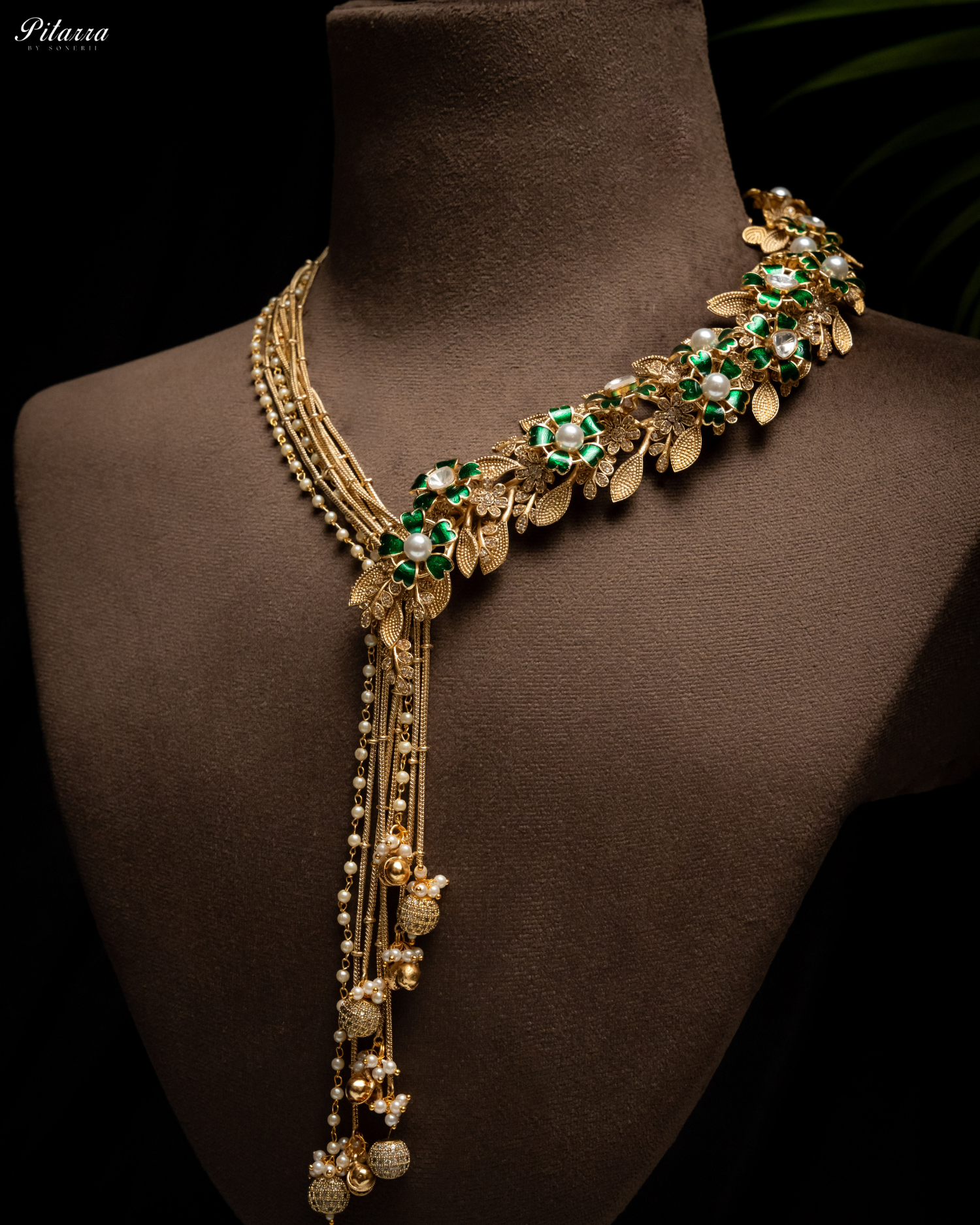 Green Leaf Polki Golden Dual Necklace Set