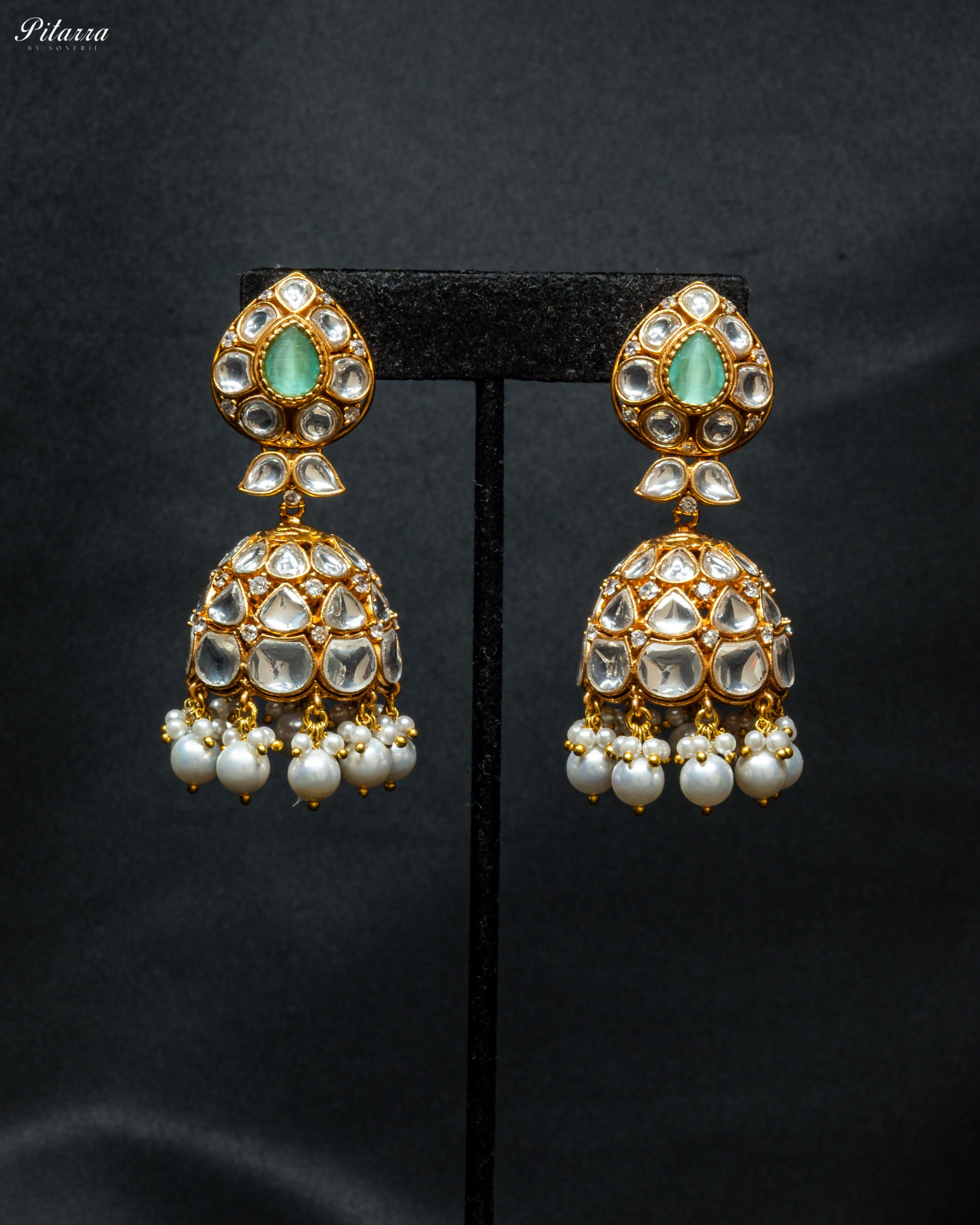 Pitarra Green Kundan Jhumki Earrings