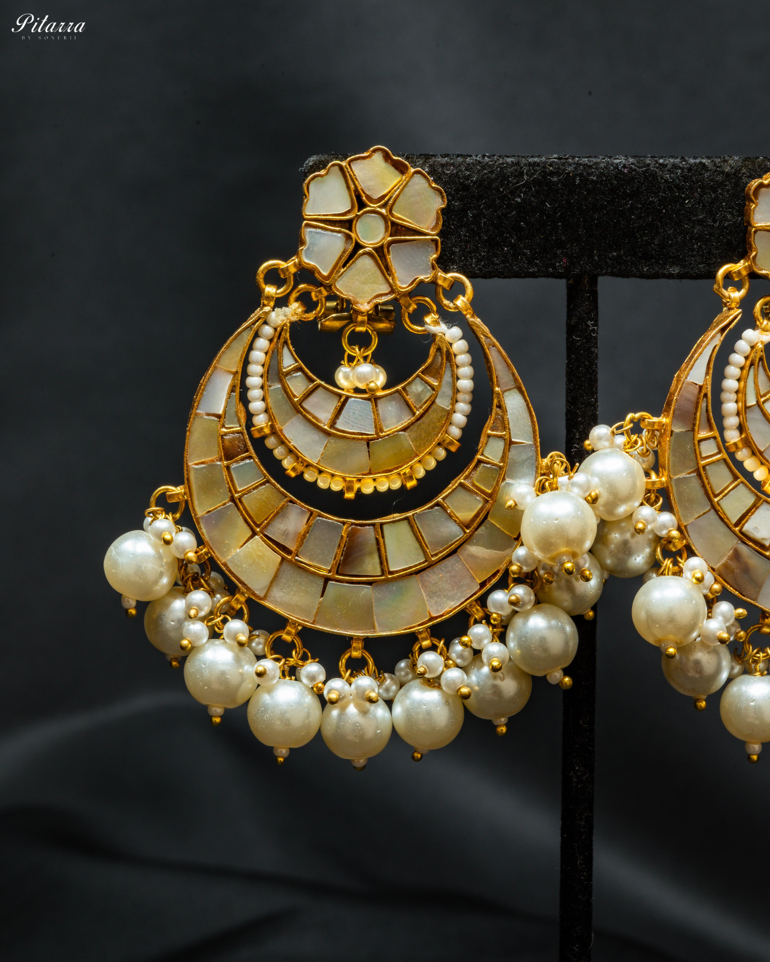 White Gold-Plated Crescent Shaped Kundan Chandbalis