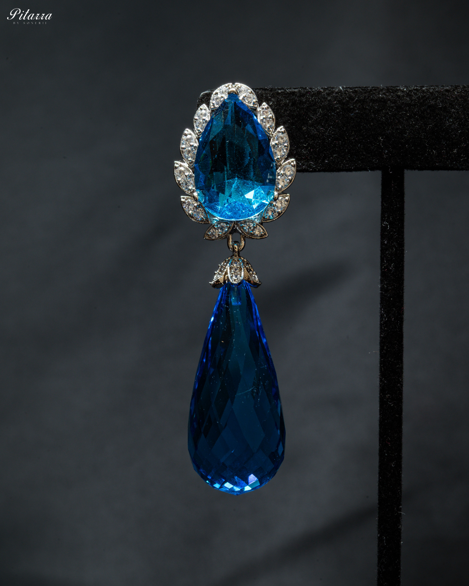 Silver Finish Blue CZ Drop Earrings