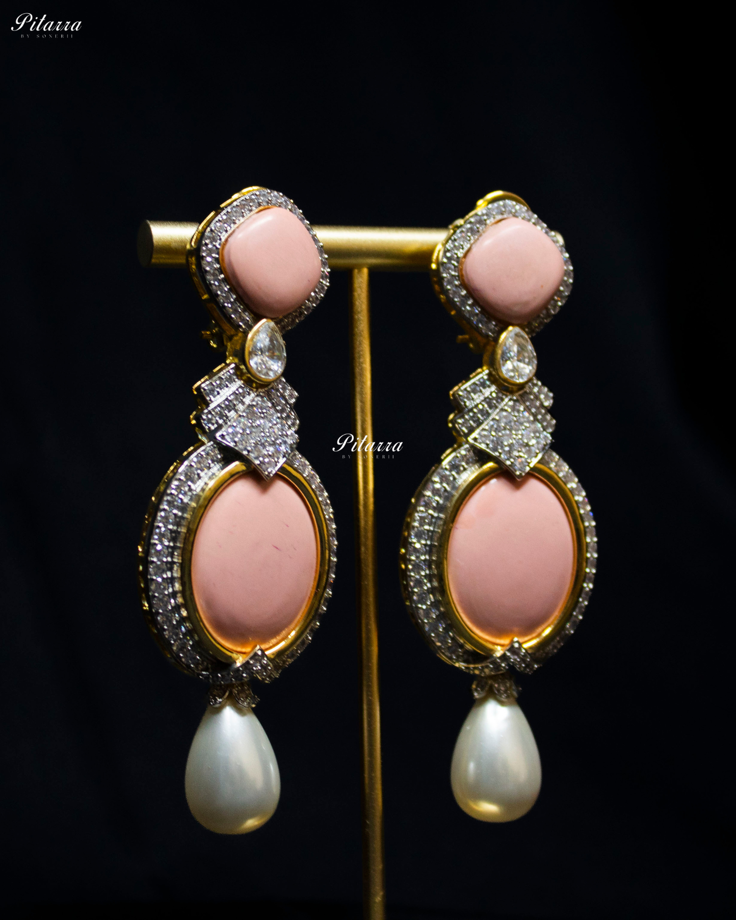 Peach Pearl Stone Silver CZ Dangler Earrings