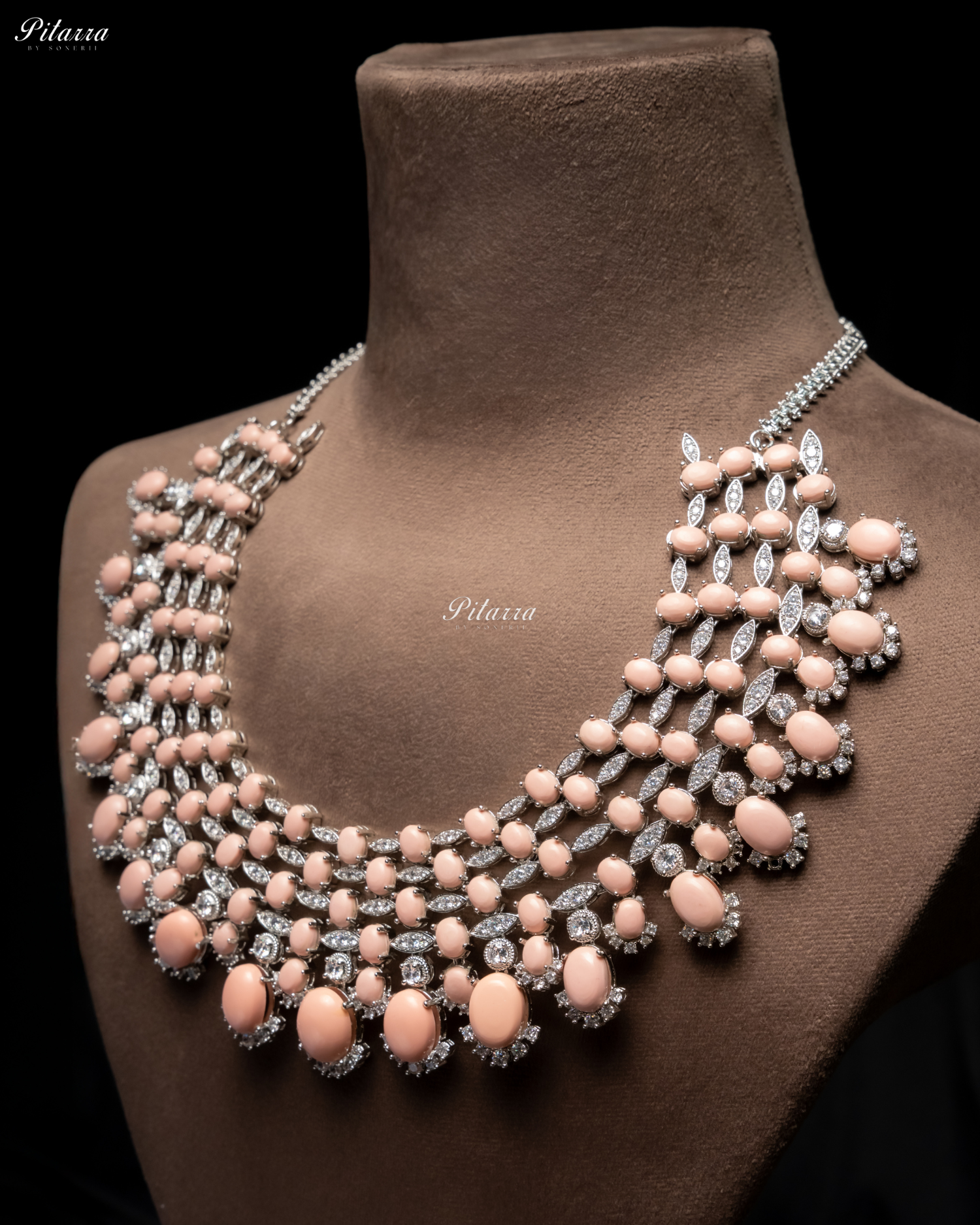 Peach Stone Silver Multi Layer CZ Necklace Set