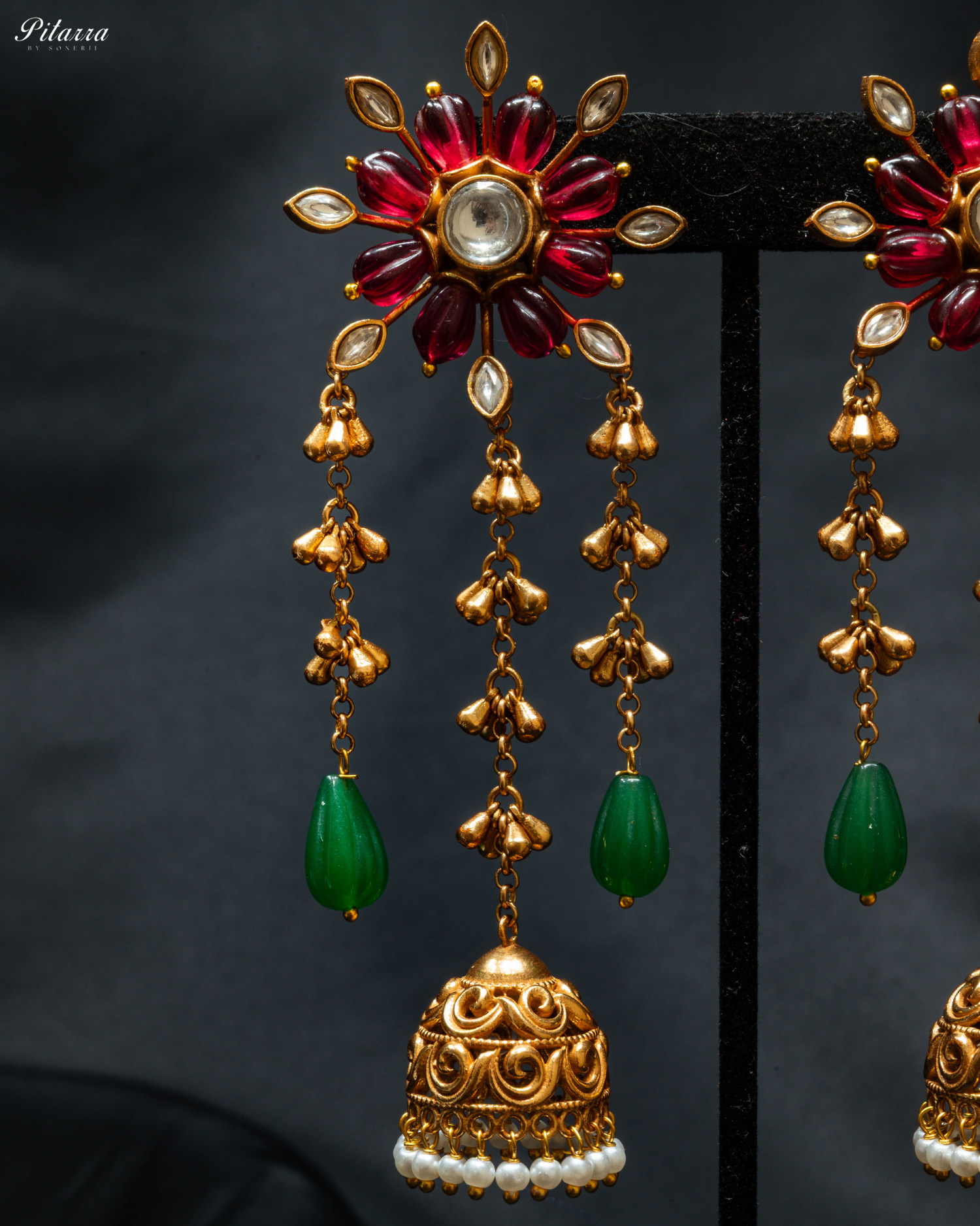 Gold Plated Red Flower Kundan Chandbali Earrings