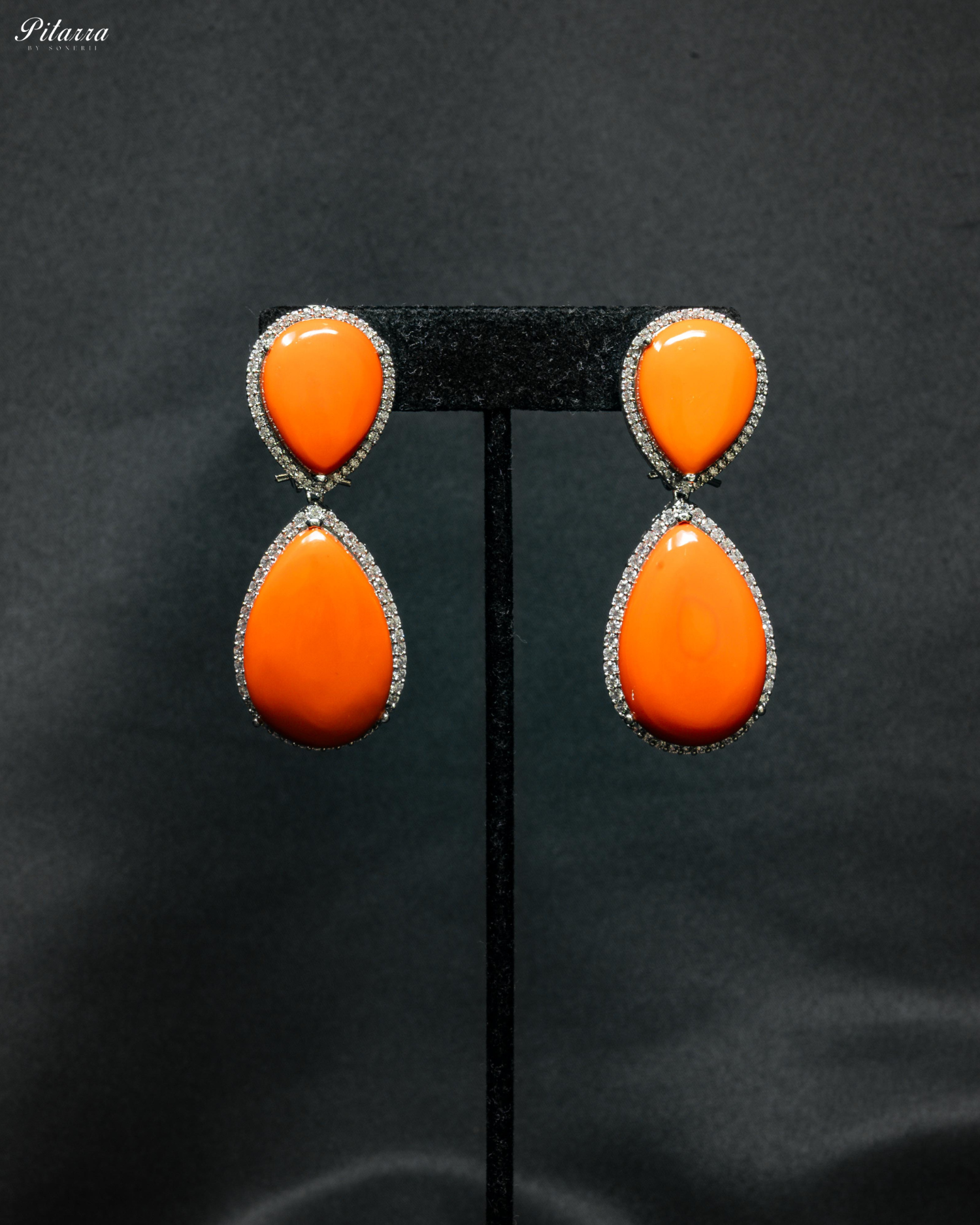 Orange Color Drop Stone Silver Crytsal Dangle Earrings