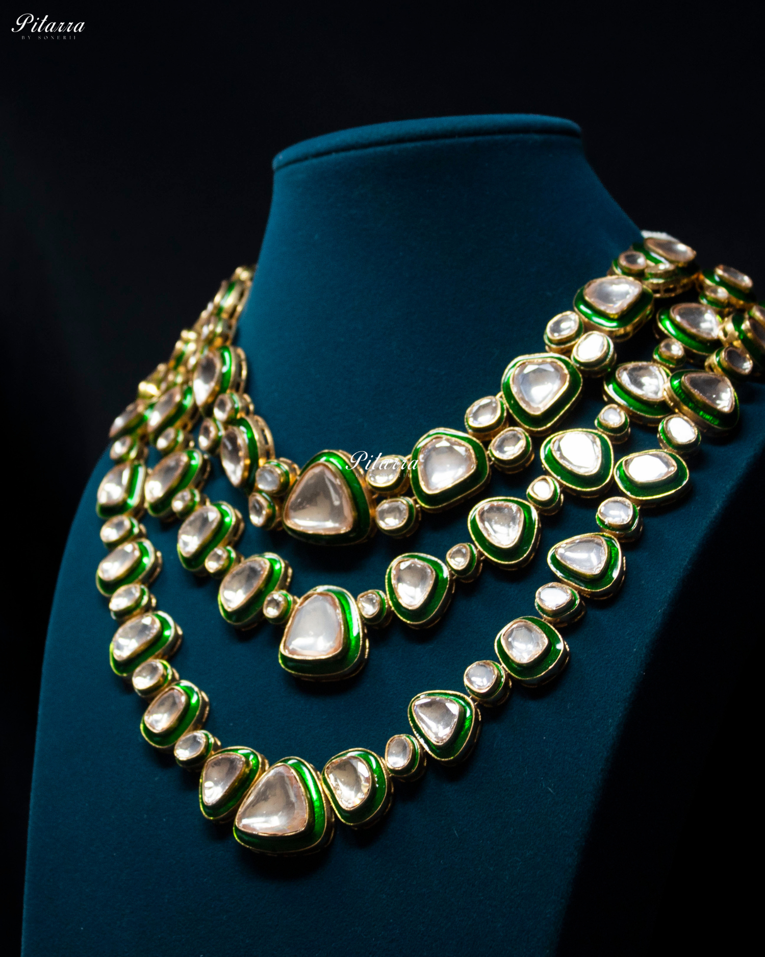Three Layer Kundan with Green Enamel Necklace Set