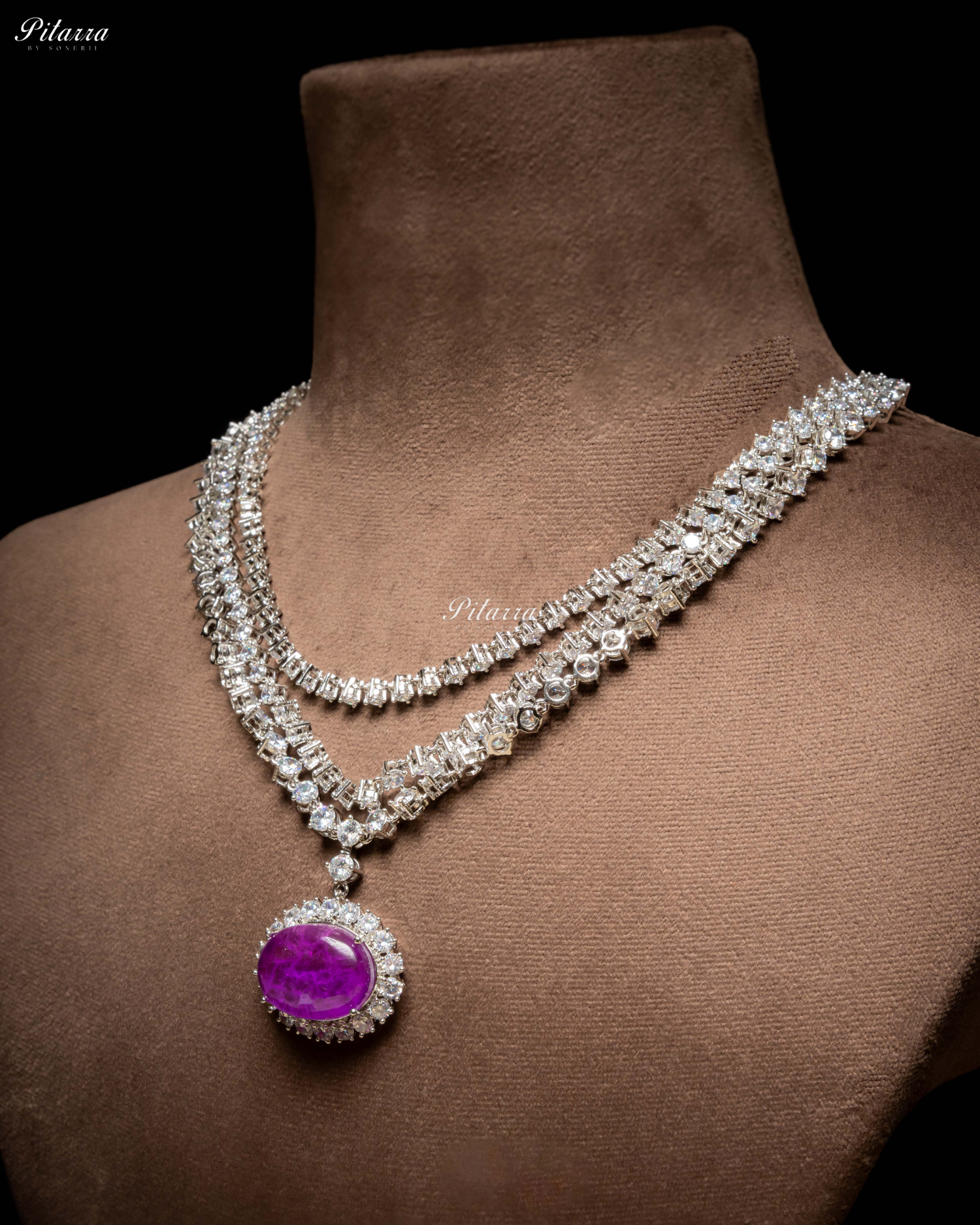 Purple Stone Cubic Zirconia Silver Necklace Set