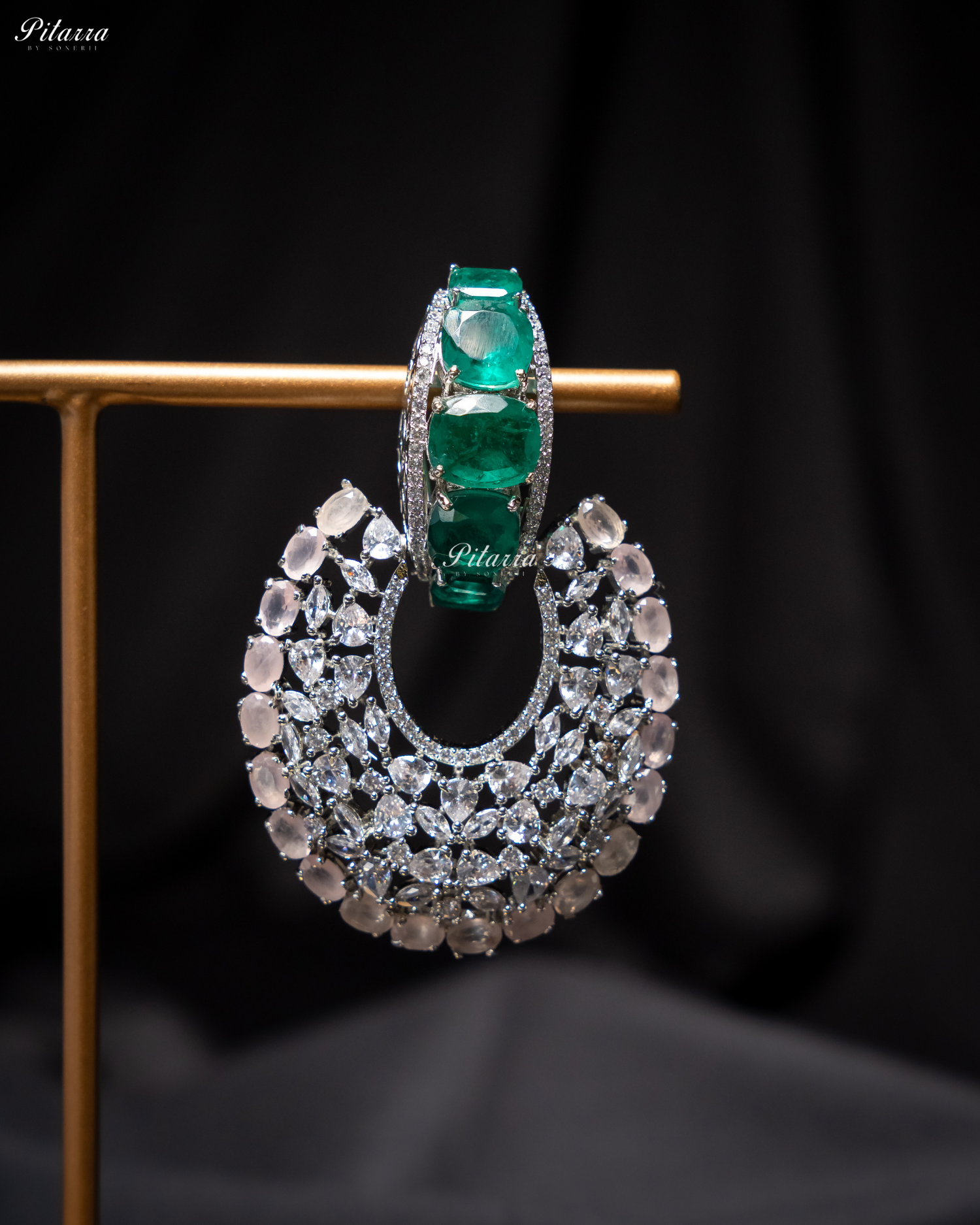 Emerald Stone White Layer Cubic Zirconia Dangler Earrings