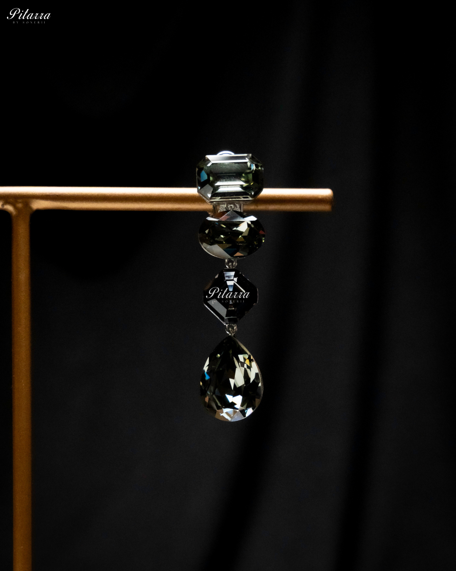 Black Stone Studded Geometric Crystal Drop Earrings