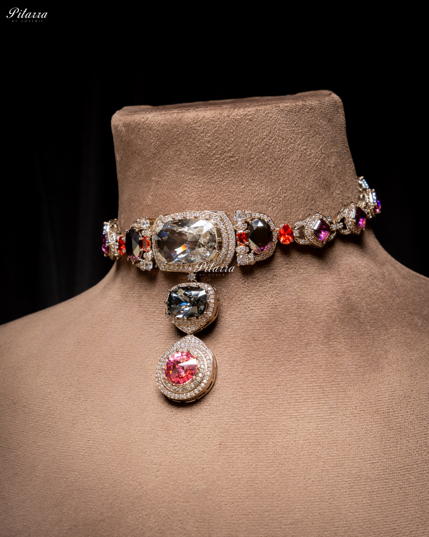 Multicolor Three Stone Crystal Choker Set