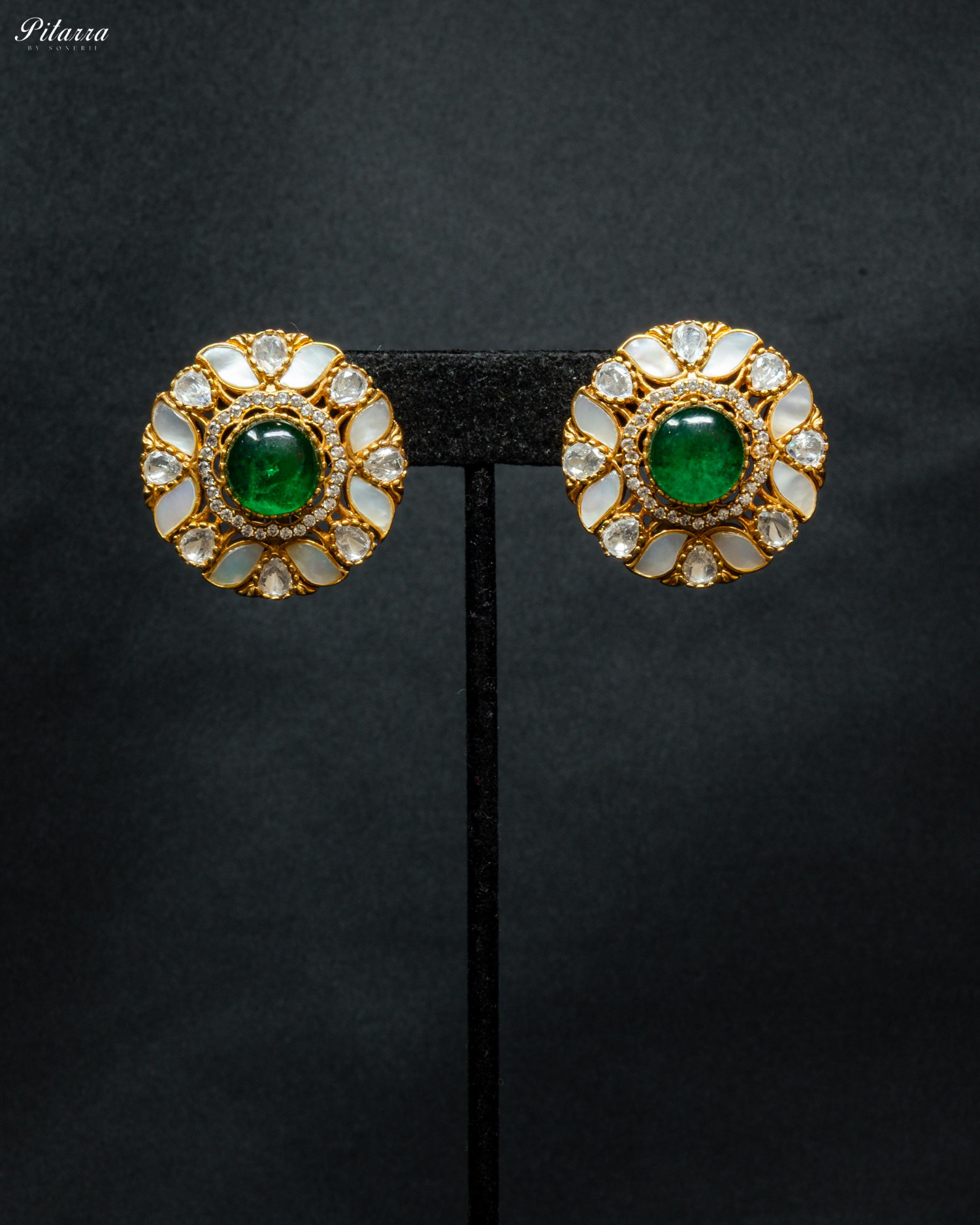 Emerald Moissanite Classic Traditional Kundan Stud Earrings