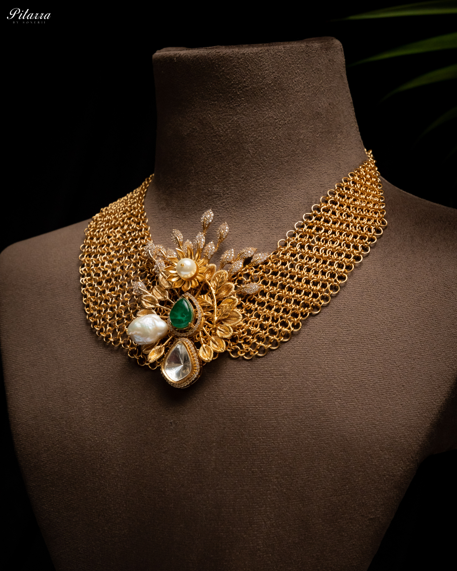 Antique Finish Golden Leaf Stone Kundan Set