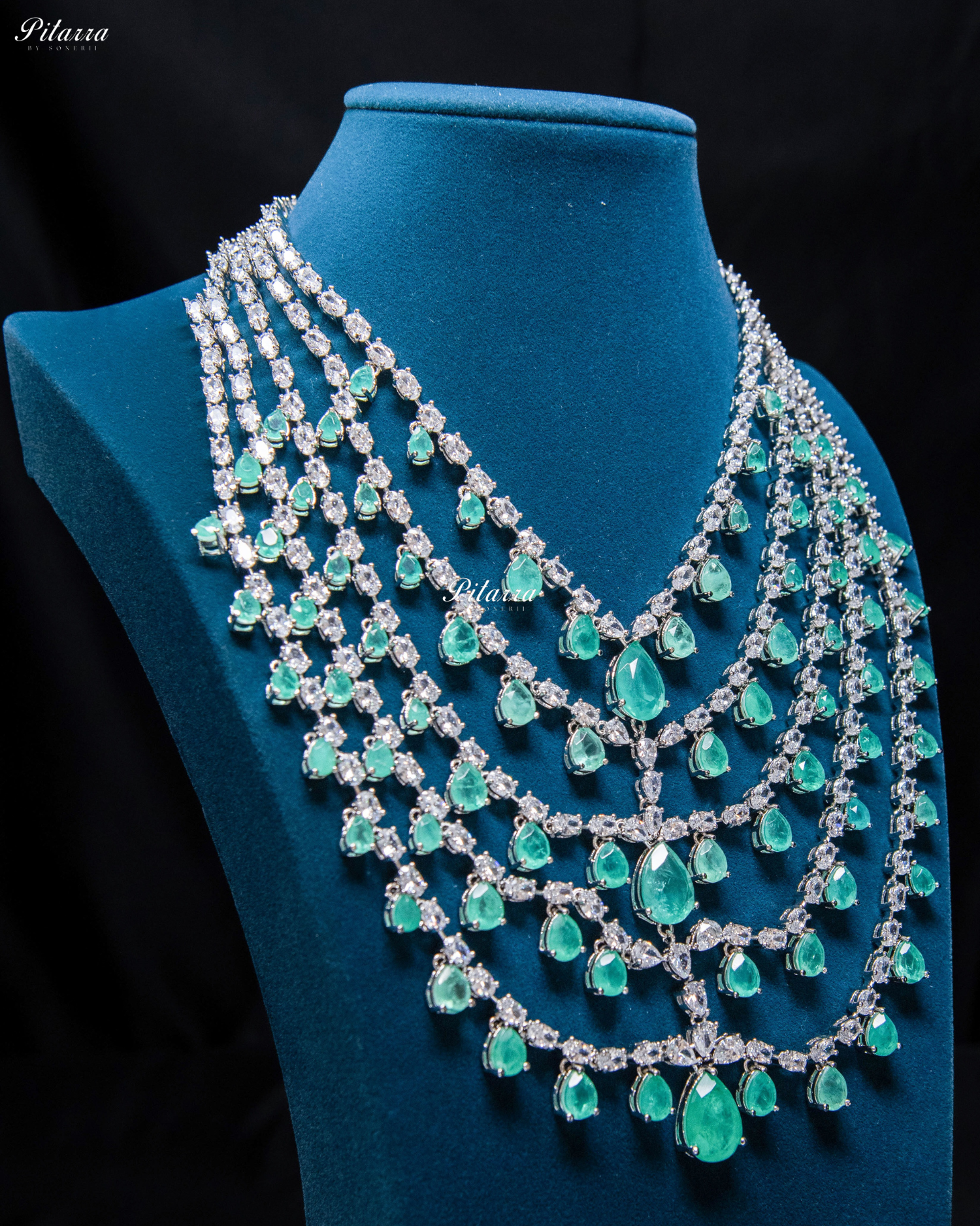 Five Layer Green CZ Stone Studded Crystal Necklace Set