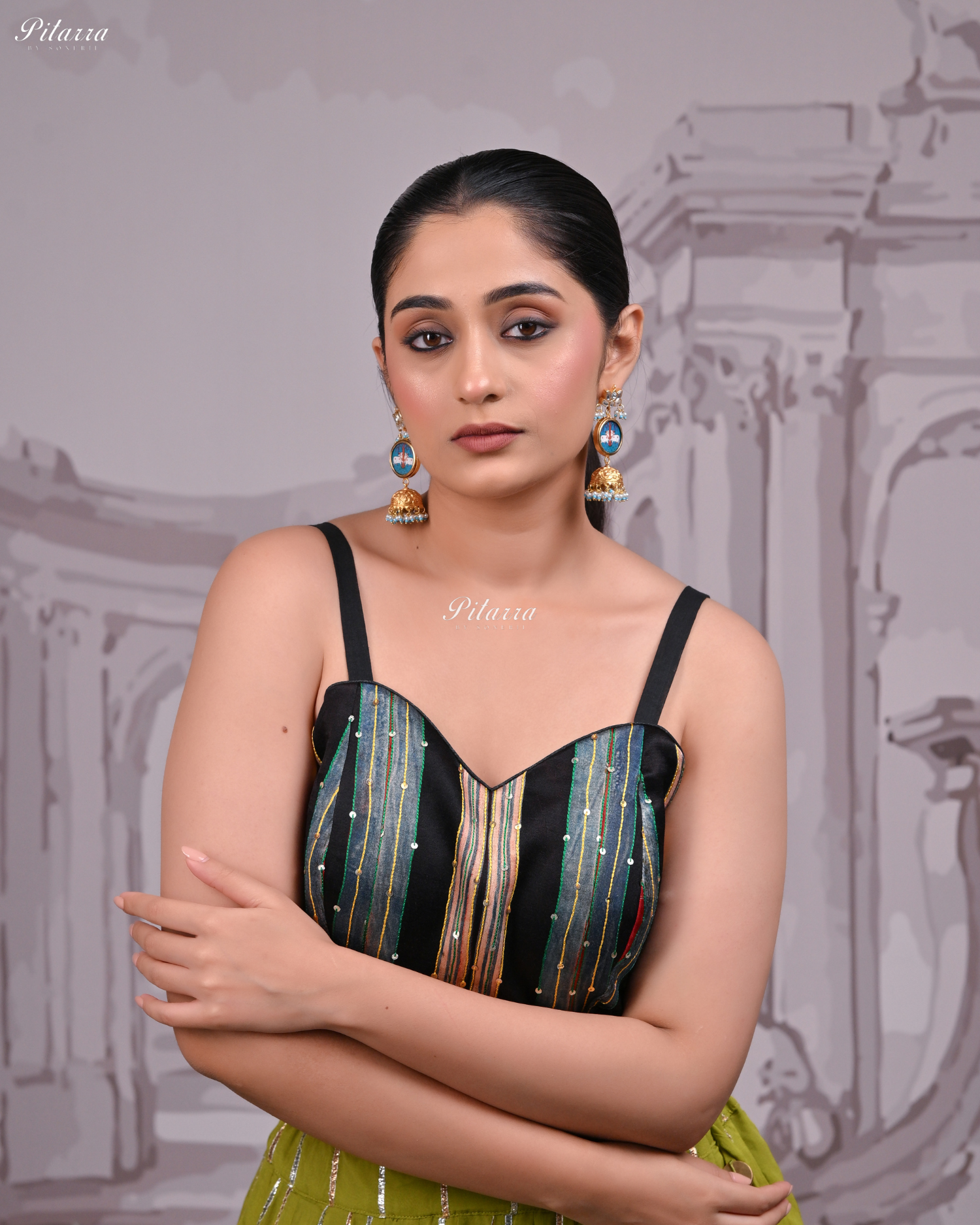 Blue Studded Handpainted Meenakari Jhumkas