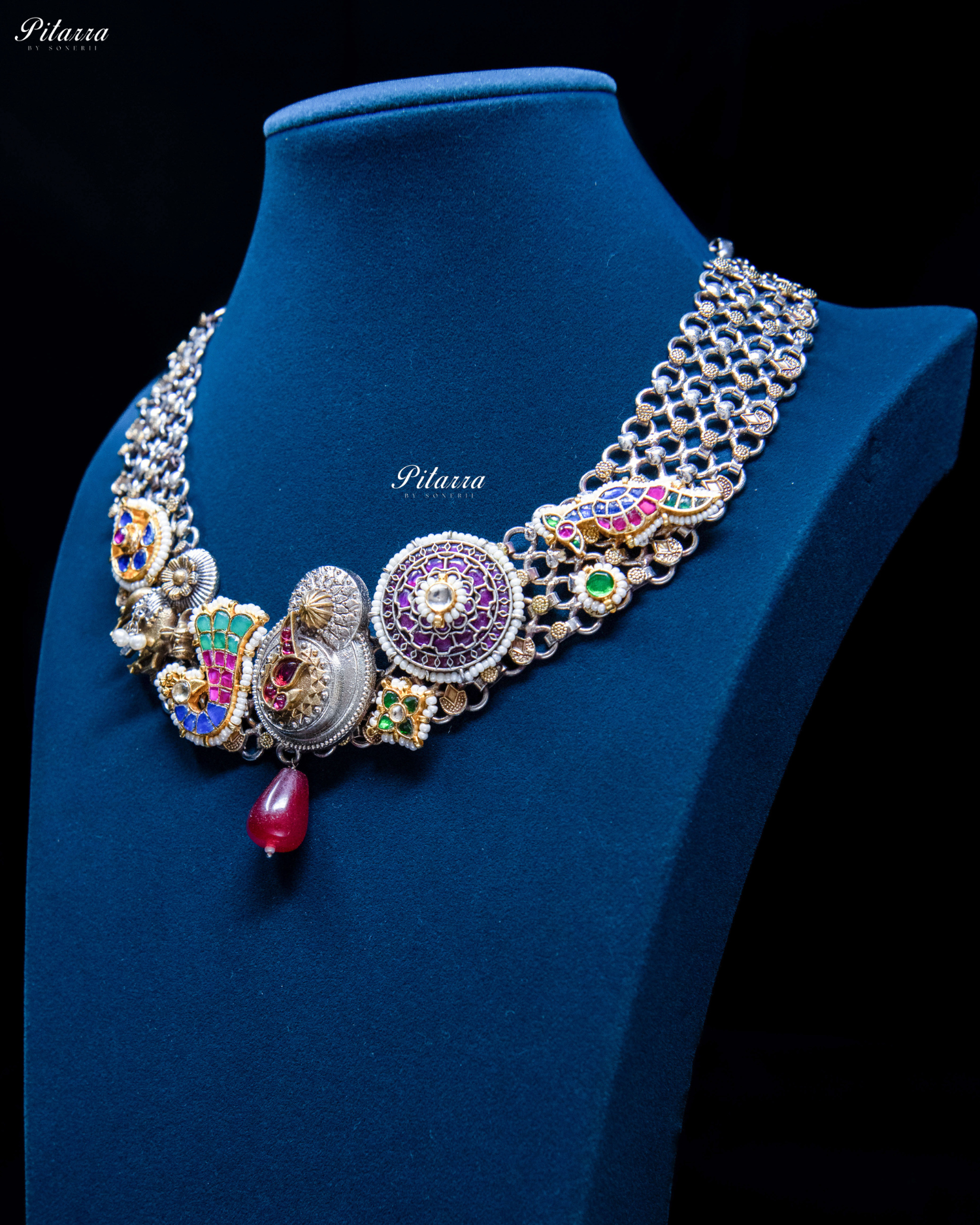 Dual Peacock Design Silver Fusion Necklace Set