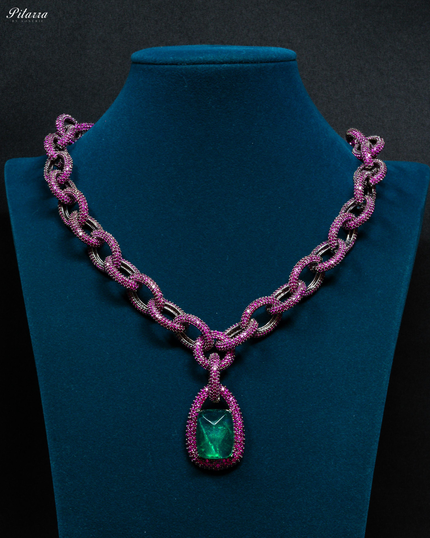Emerald Stone Pink Chain CZ Necklace Set