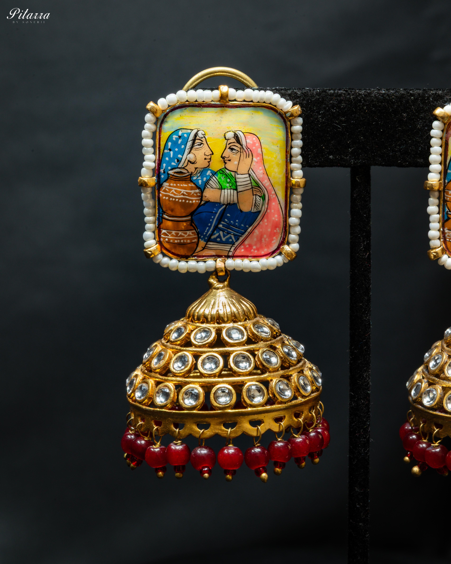 Anuradha Red Art Golden Jhumka Earrings