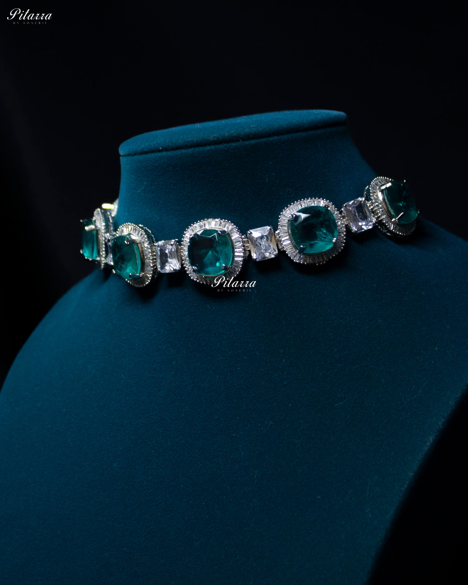 Aqua Stone Silver CZ Choker Necklace Set