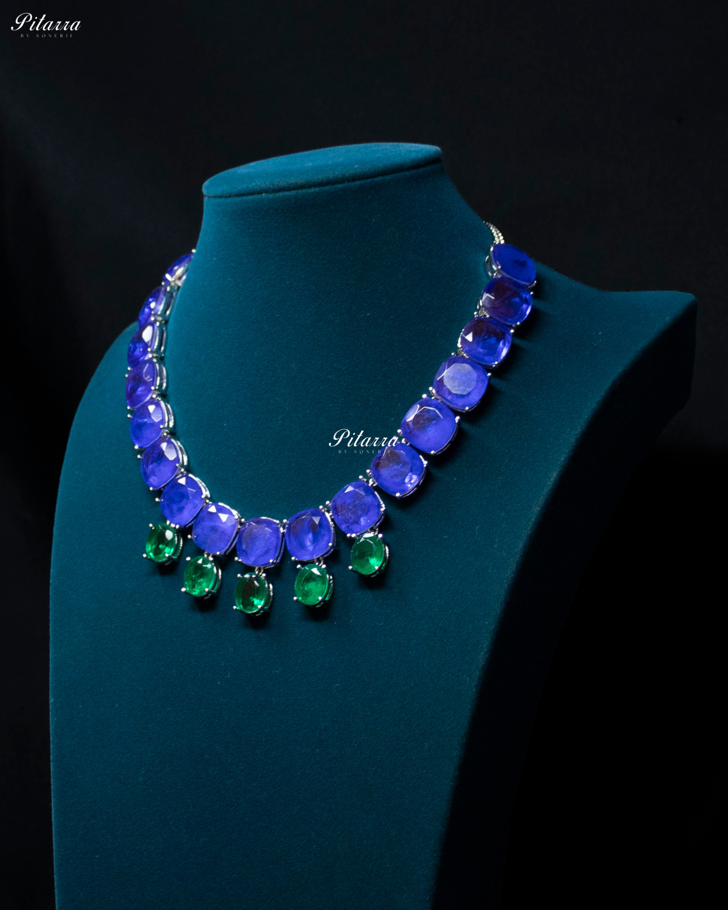 Blue Square Stone Premium Crystal Necklace Set