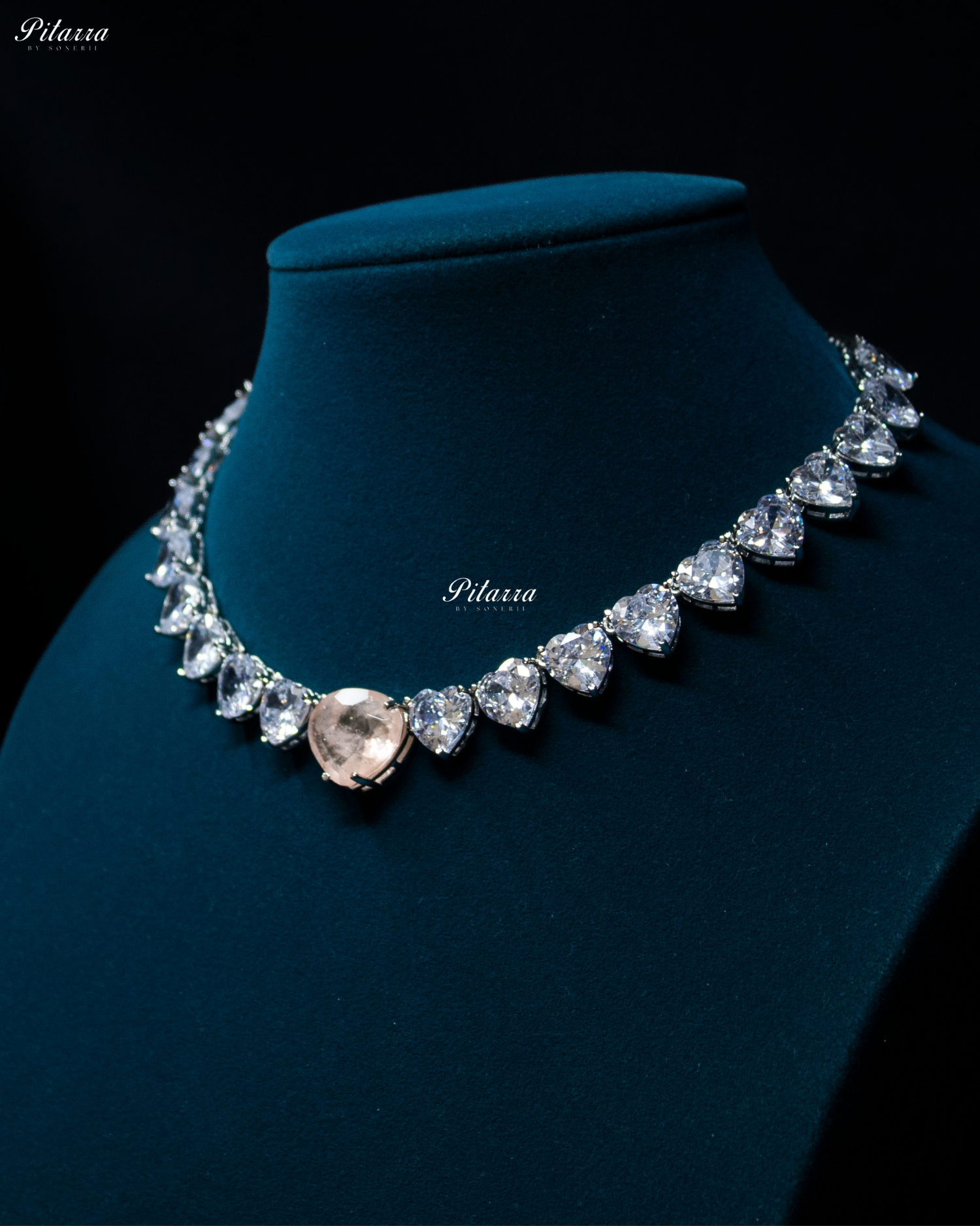 Peach Stone White Heartline Zircon Necklace Set