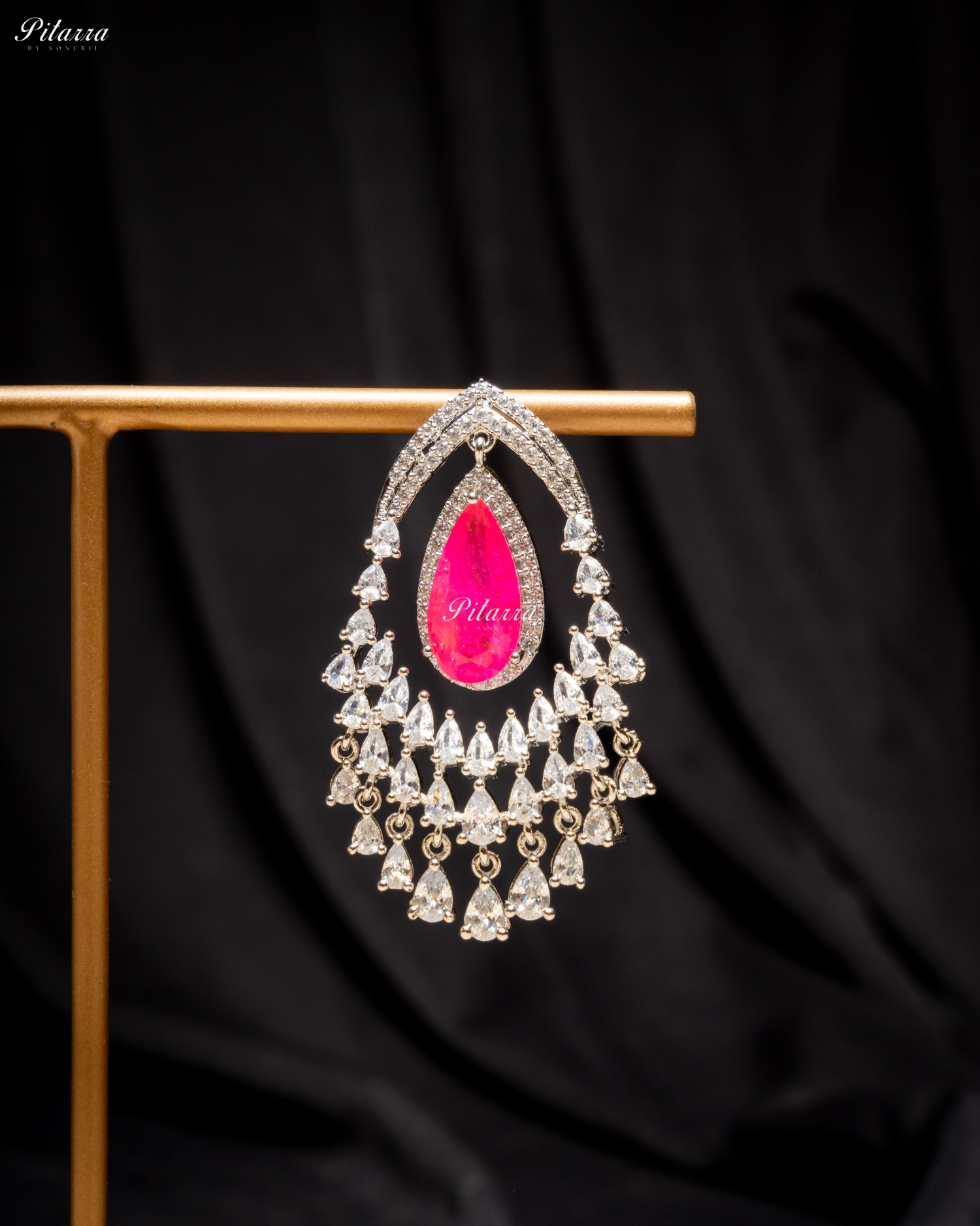 Pink Stone Silver CZ Dangle Earrings