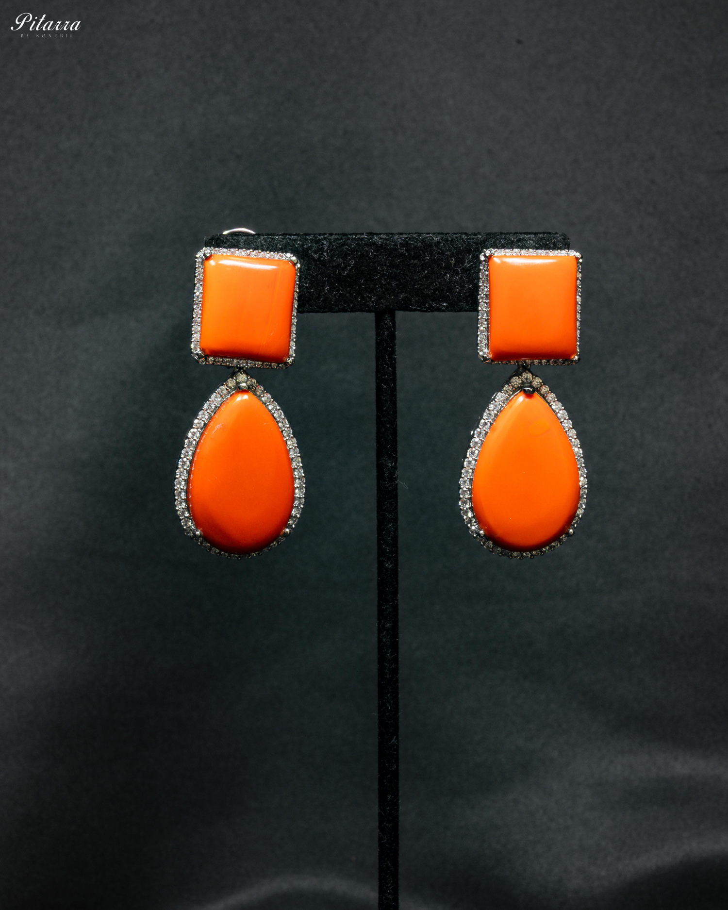 Orange Color Drop Square Silver Crytsal Dangle Earrings