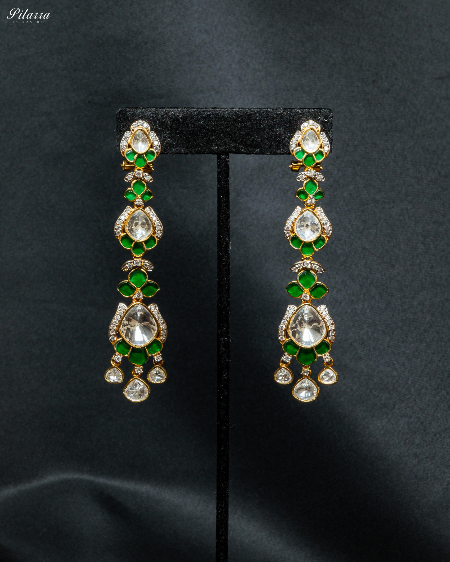 Gold Plated Green Kundan Dangler Earrings