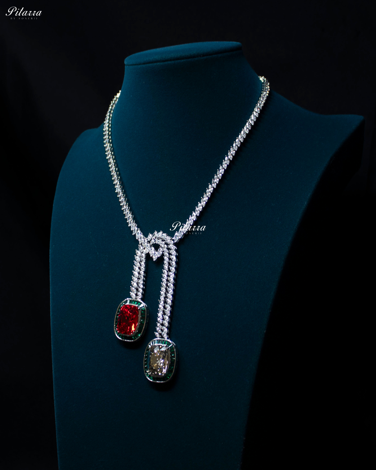 Green Red Two Square Silver Line Crystal Necklace Set