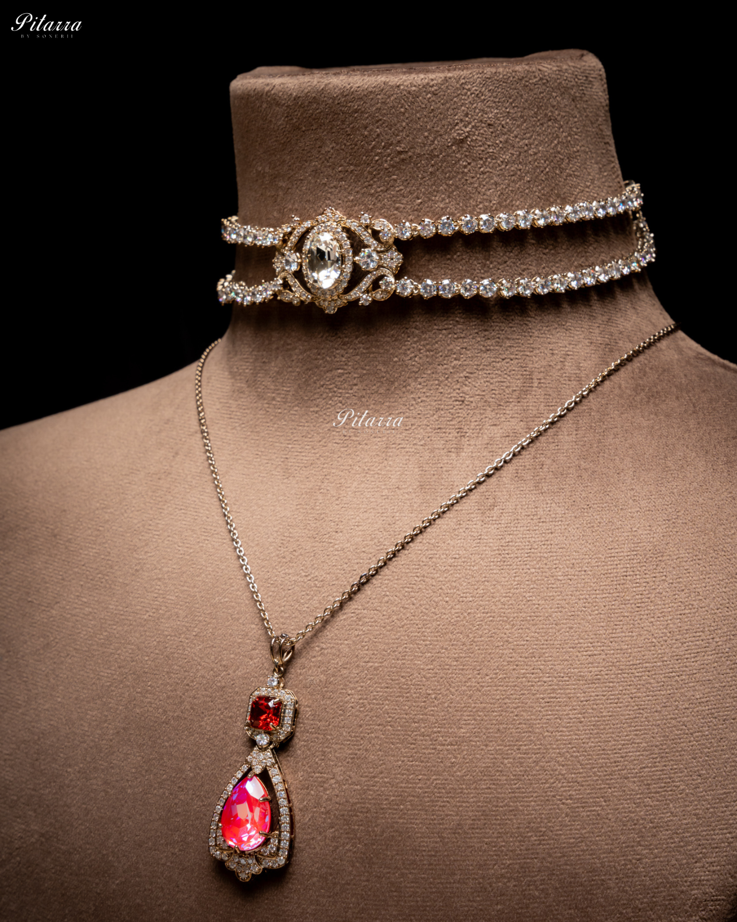 Red Stone Layered Zircon Necklace Set
