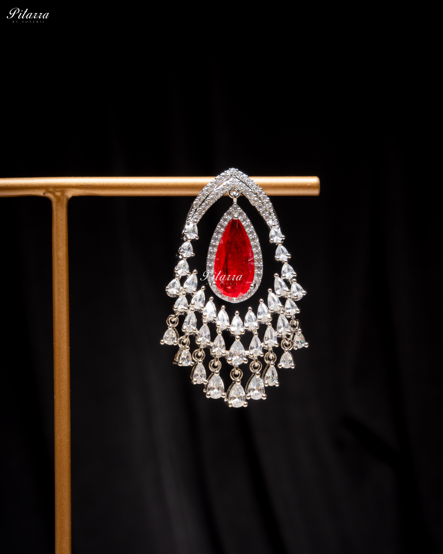 Red Stone Silver CZ Dangle Earrings