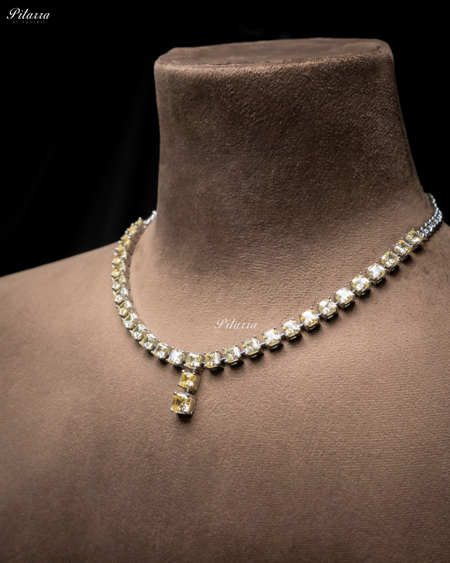 Yellow Tone One Layer Square Drop Statement Necklace Set