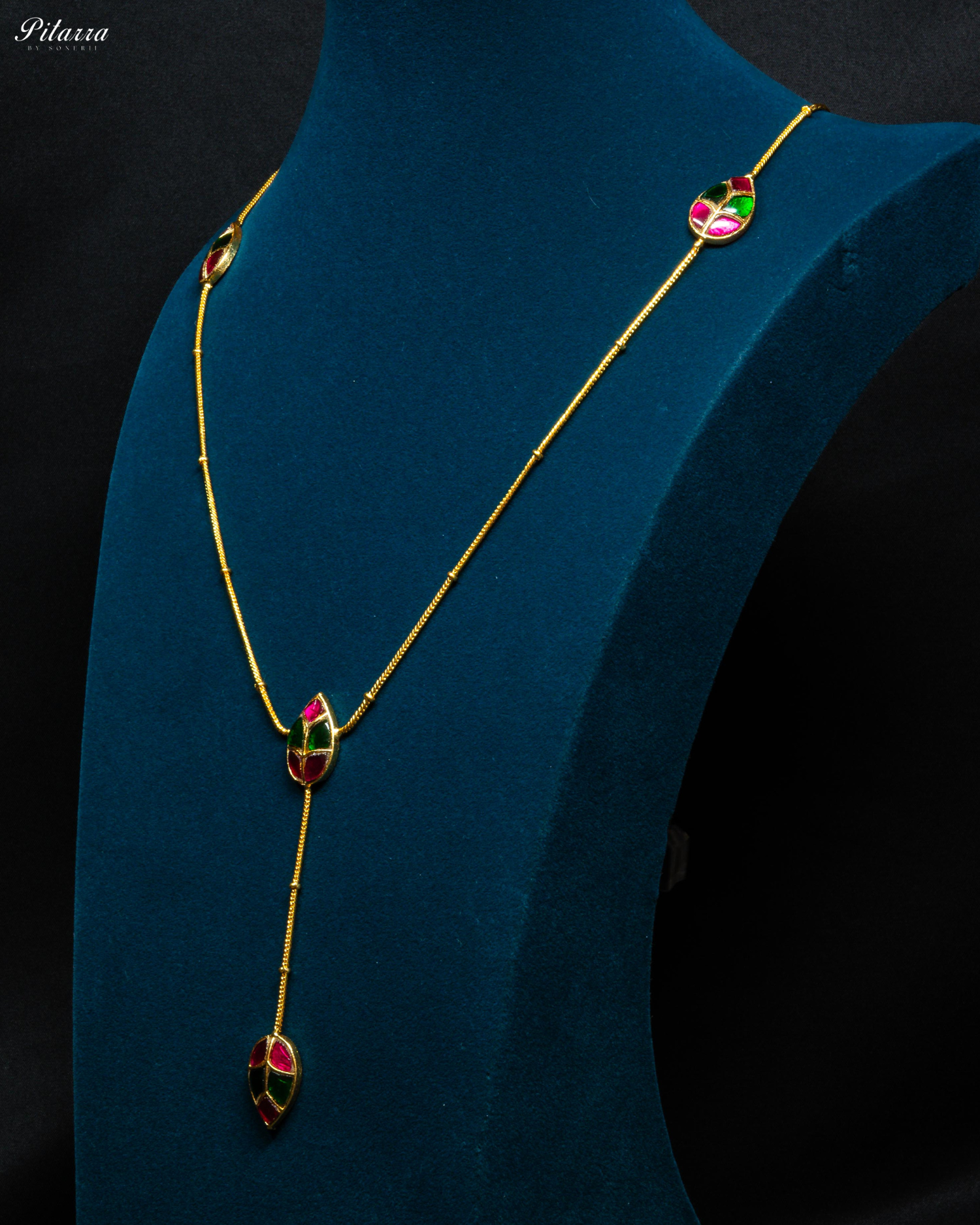 Gold Tone Pink Green Leaf Kundan Necklace Set
