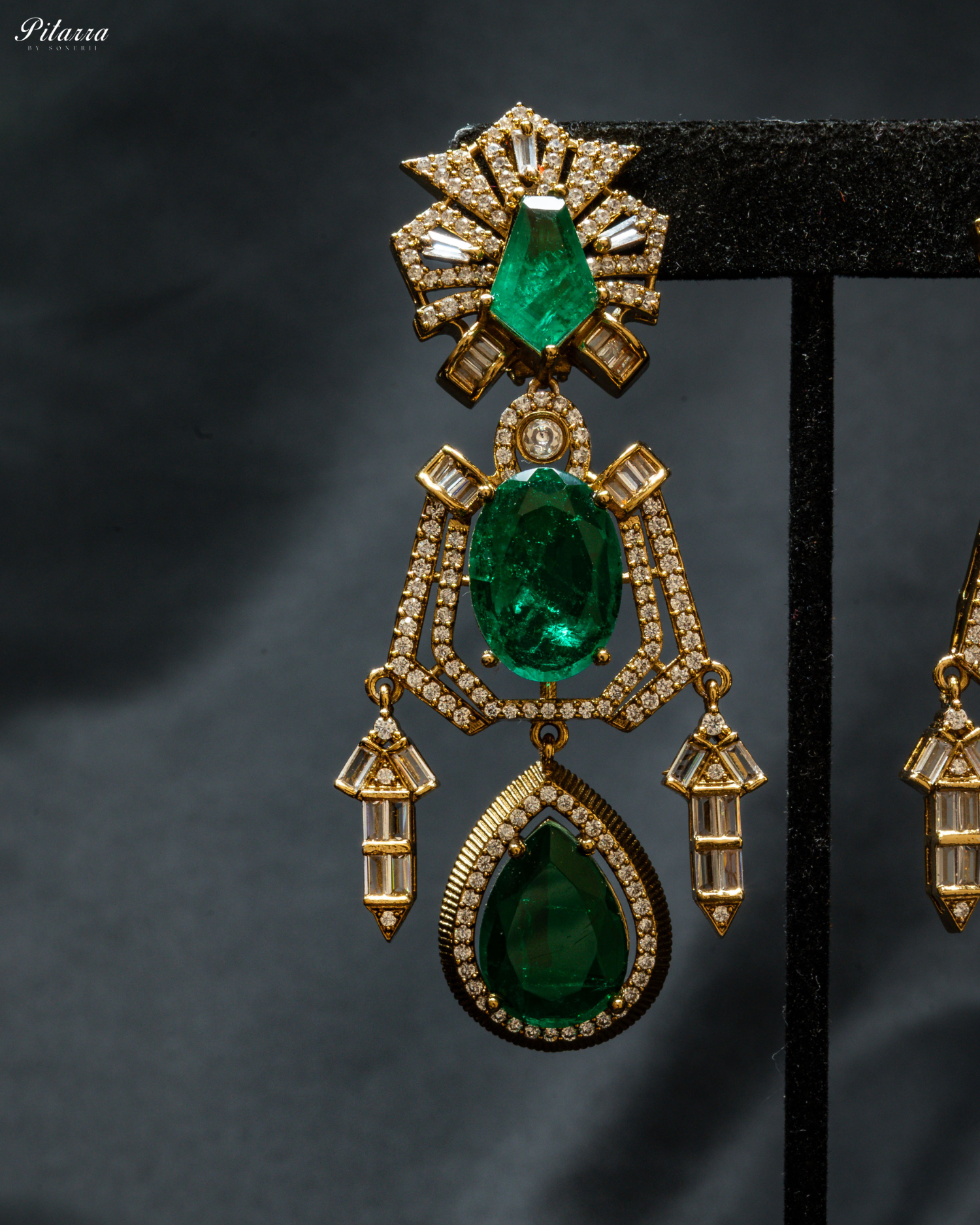 Emerald Silver Dangler Doublet Earrings