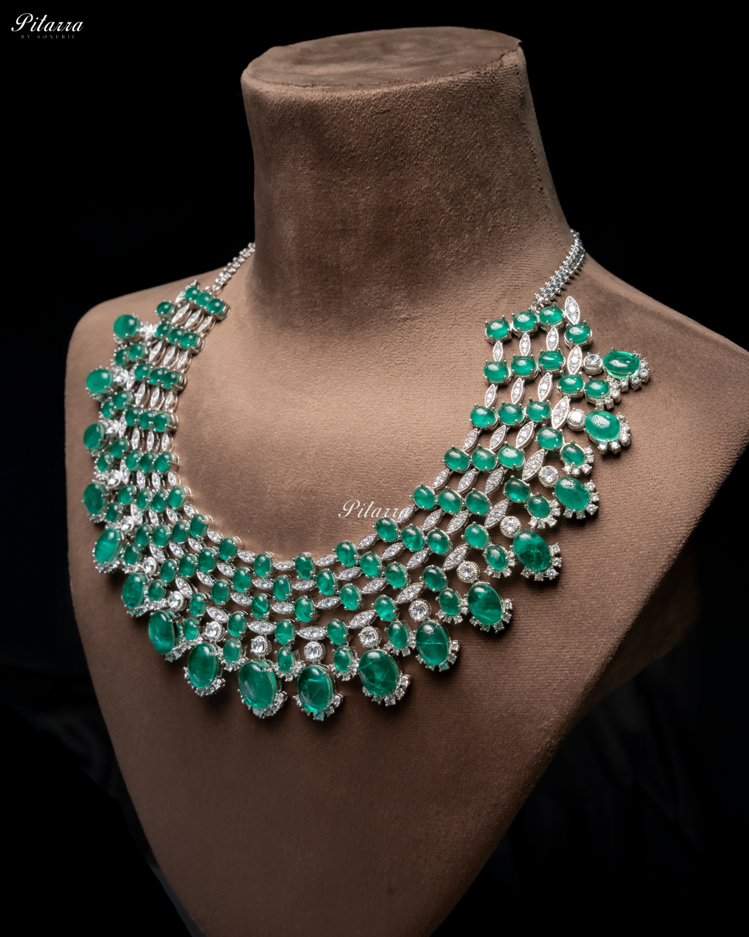 Emerald Stone Silver Multi Layer CZ Necklace Set