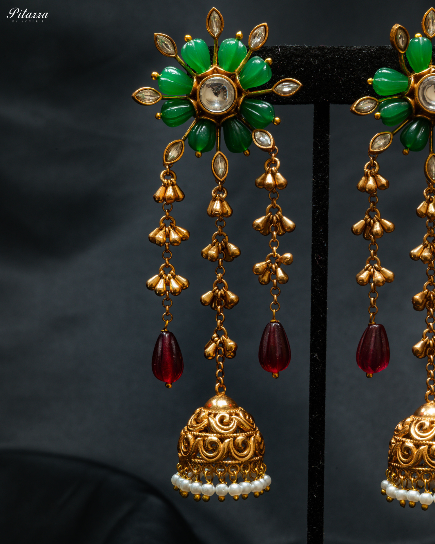Gold Plated Green Flower Kundan Chandbali Earrings