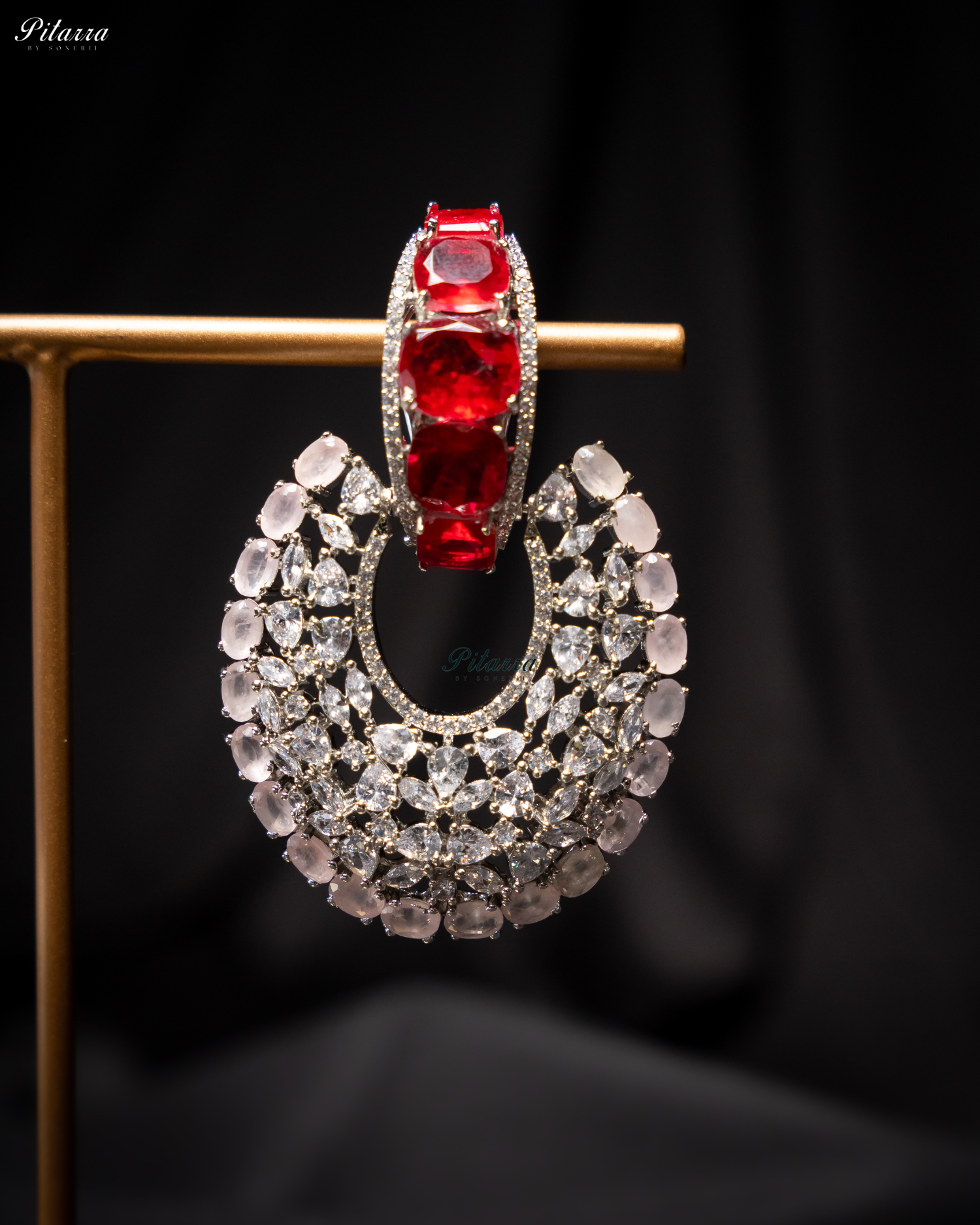 Red Stone White Layer Cubic Zirconia Dangler Earrings