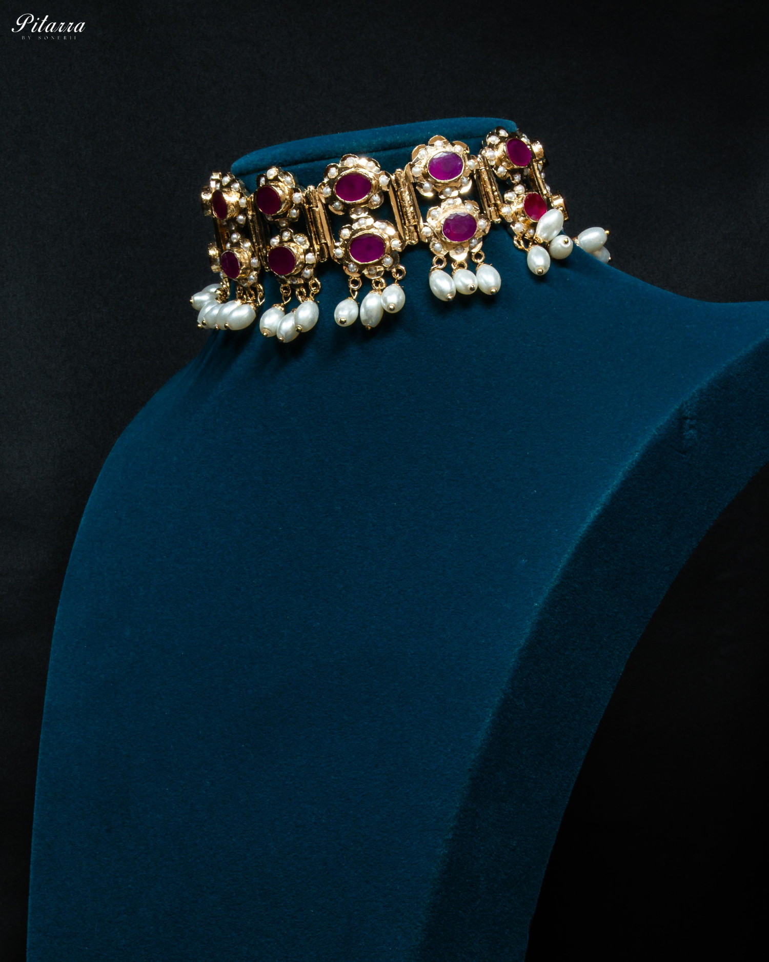 Red Stones Pearls Jadau Choker Necklace Set