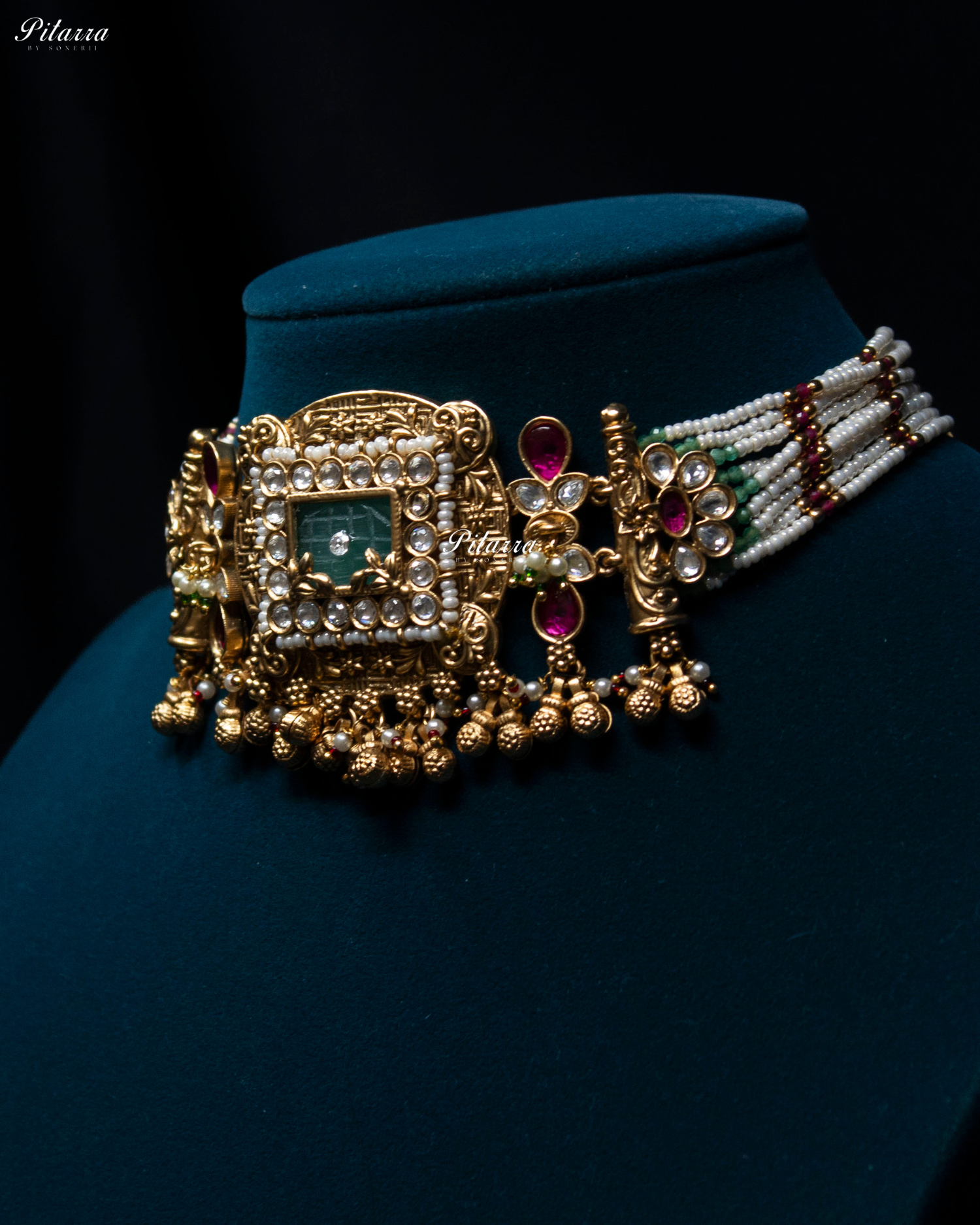 Emerald Stone Rajwad Kundan Choker Necklace Set